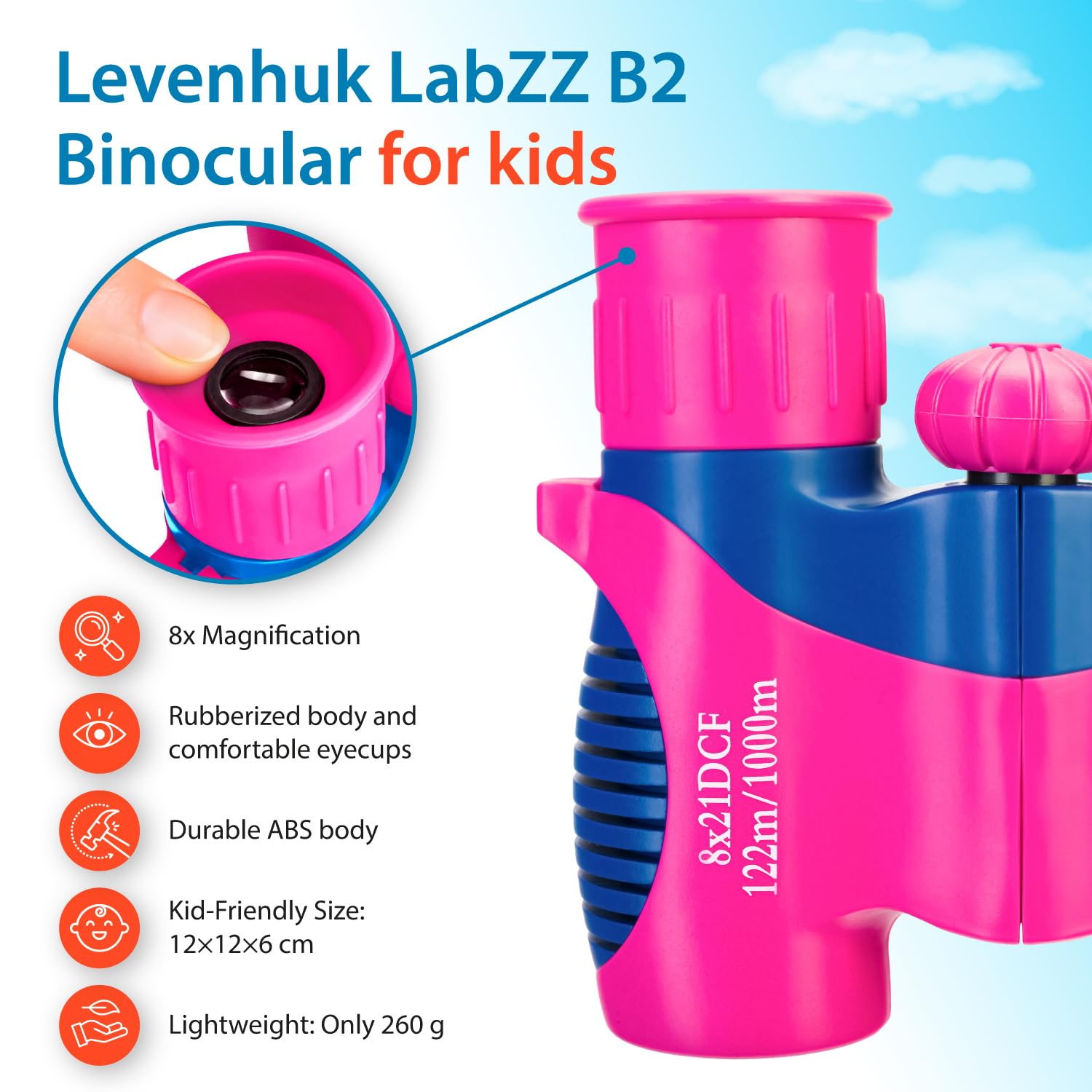 Levenhuk LabZZ B2 Flamingo Kinderfernglas ab 4 Jahren – Kompakt, robust, mit 8X Vergrößerung, Dachprisma und voll vergüteter BK-7-Optik – ideal für Abenteuer, Natur, Wandern und Reisen, Farbe Pink