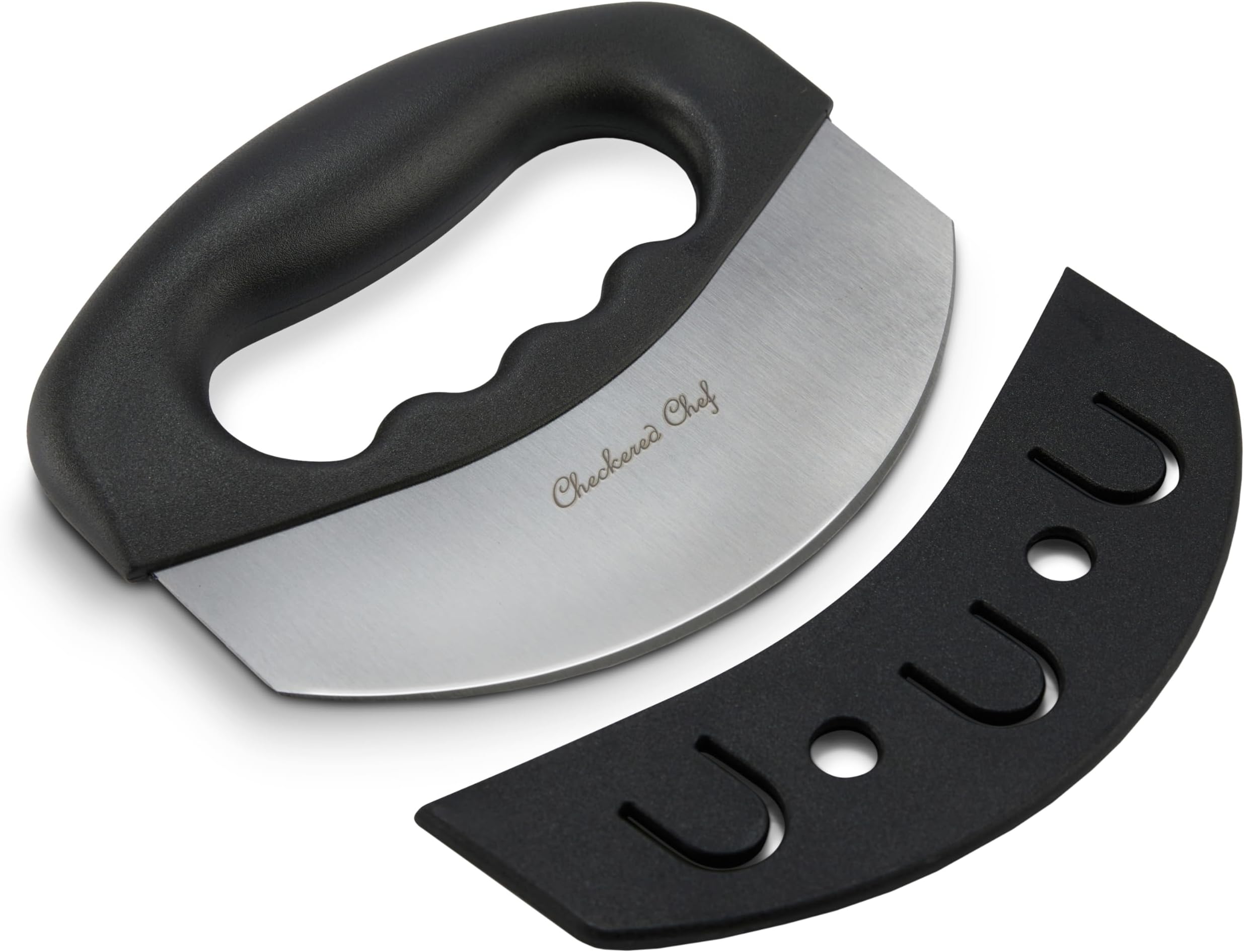 Checkered Chef Mezzaluna Chopper - Rocker Knife - Mincing Knife - Mezzaluna -Single Sharp Blade With Cover/Sheath - Chop Herbs, Vegetables And Nuts With Ease