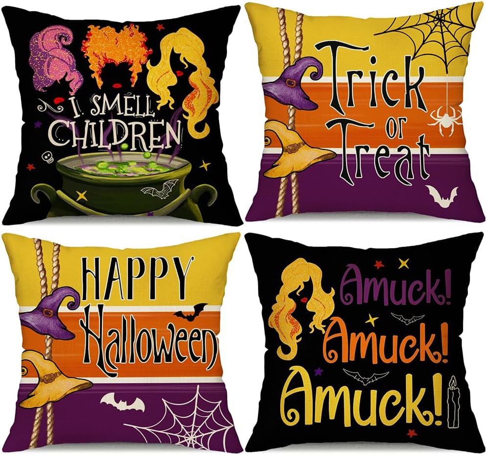 AllorryHalloween Pillow Covers 18 x 18 Inch Set of 4 I Smell Children Amuck Trick or Treat Throw Pillow Cases Halloween Decorations Farmhouse Pillows Decor Throw Cushion Covers for Home Couch 02A18