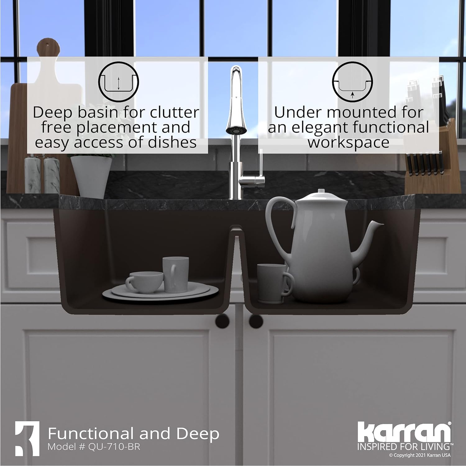 Karran QU-710 Undermount Quartz Composite 32 in. 50/50 Double Bowl Kitchen Sink Kit in Brown