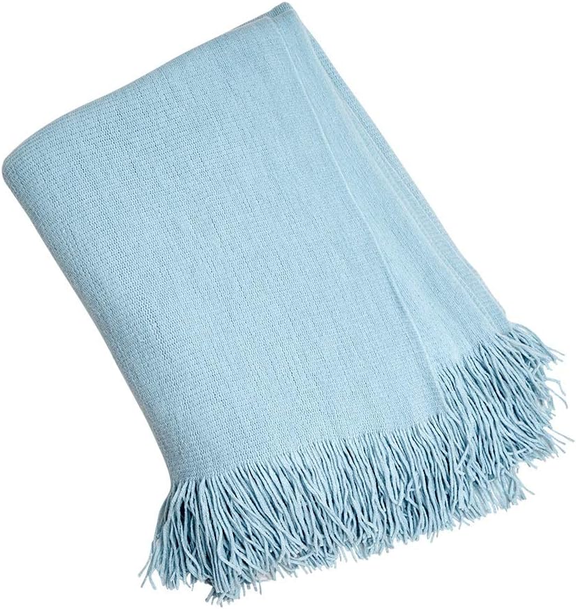 INSHERE Light Blue Solid Color Knit Woven Throw Blanket Cover with Tassels Fringe Cotton Soft Cozy Lightweight Winter Home Decor Gift for Couch Bed Living Room Party 51''x67''
