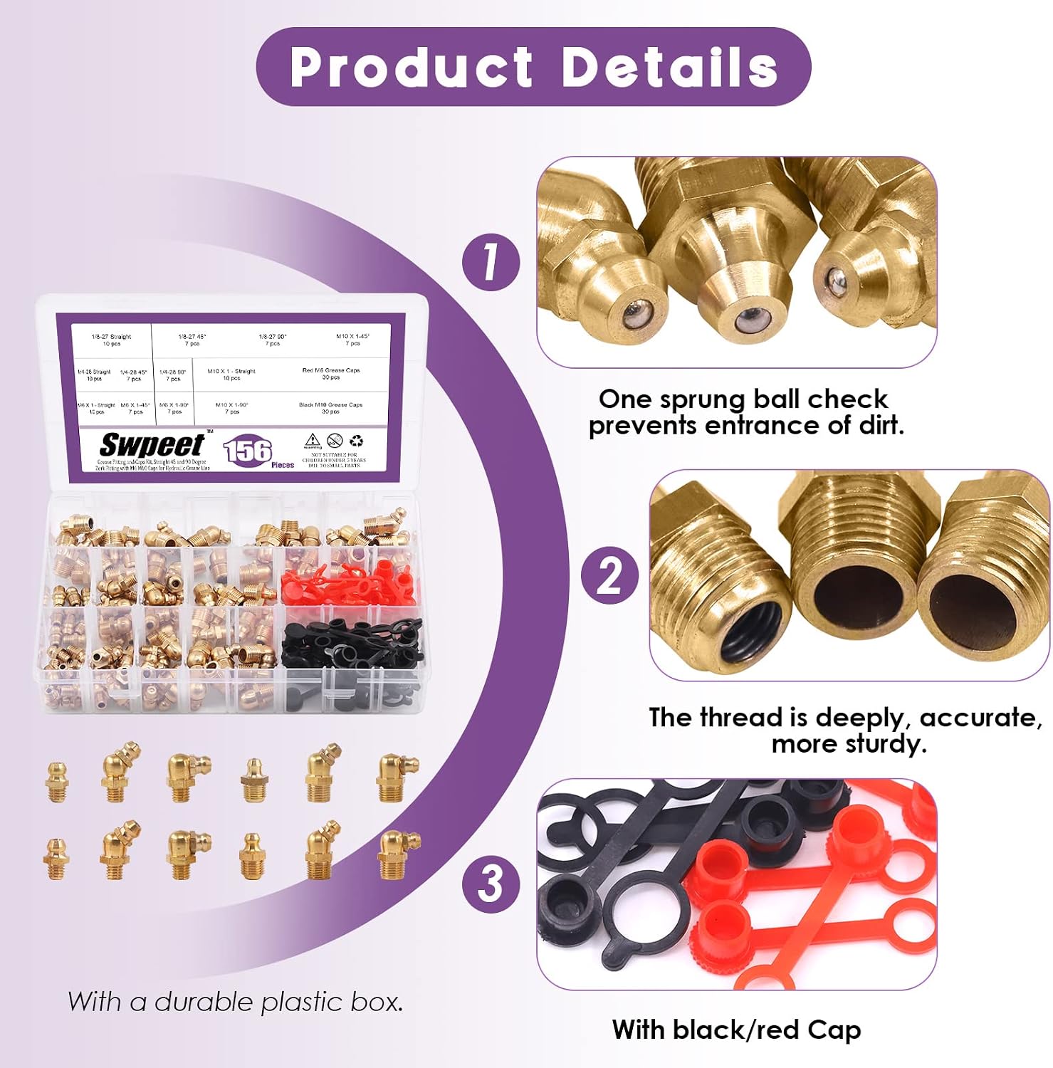 Swpeet 156Pcs SAE & Metric Brass Grease Nipple Assortment Kit, Hydraulic Grease Fittings Standard with Plastic Grease Fitting Cap – 1/4", 1/8" M6 M10 Straight, 90 Degree, 45 Degree Angled Grease Zerks