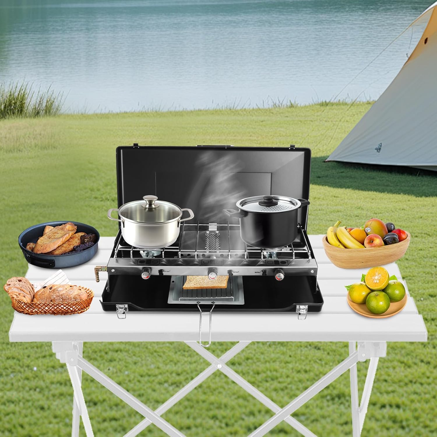 3-Burner Camping Stove Portable Foldable Outdoor Cooking Grill with Windscreen Lid for Camping Picnics and Backpacking