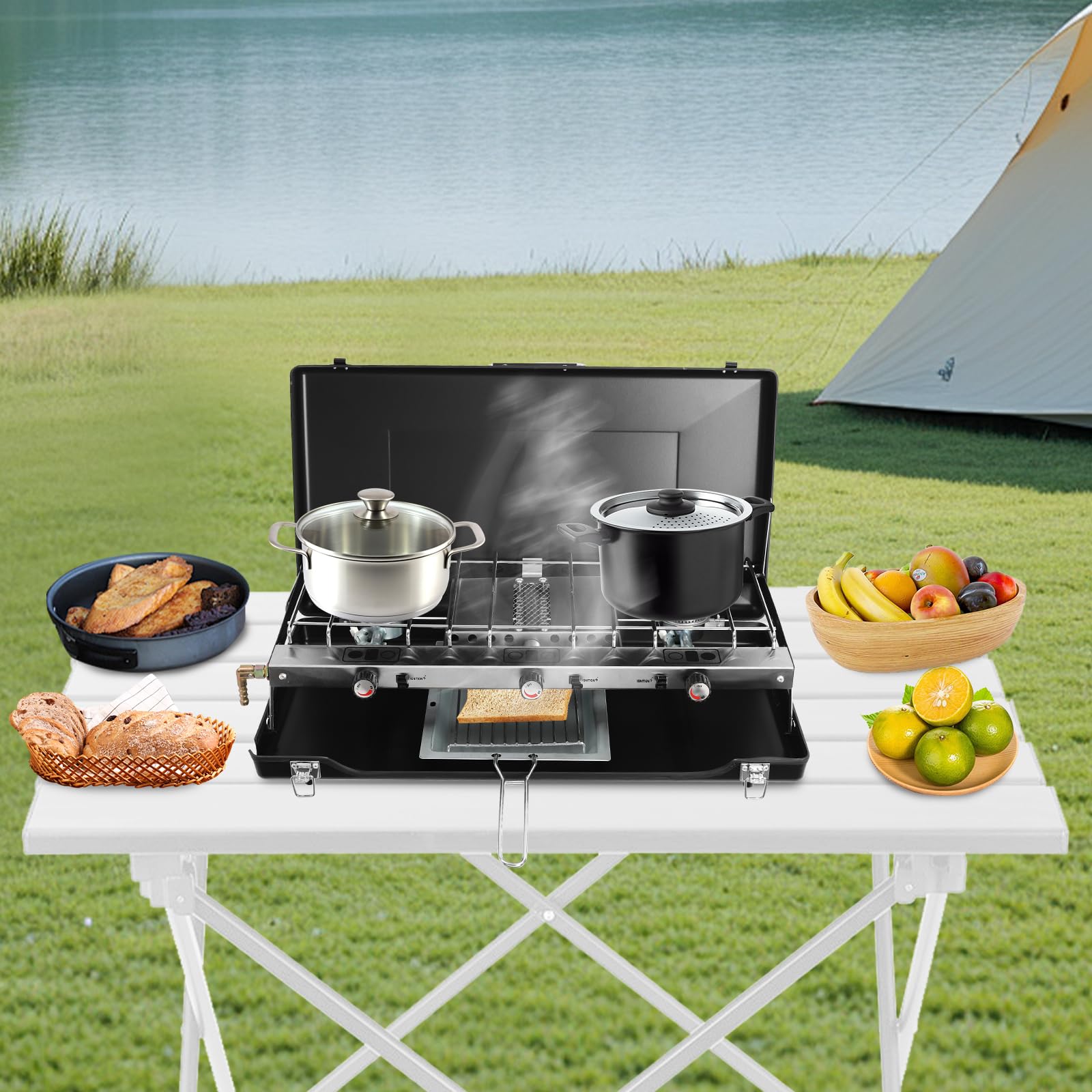 Fornello da campeggio pieghevole, fornello a gas da campeggio con 3 bruciatori e accensione piezoelettrica, 4500 W, per esterni, barbecue, picnic