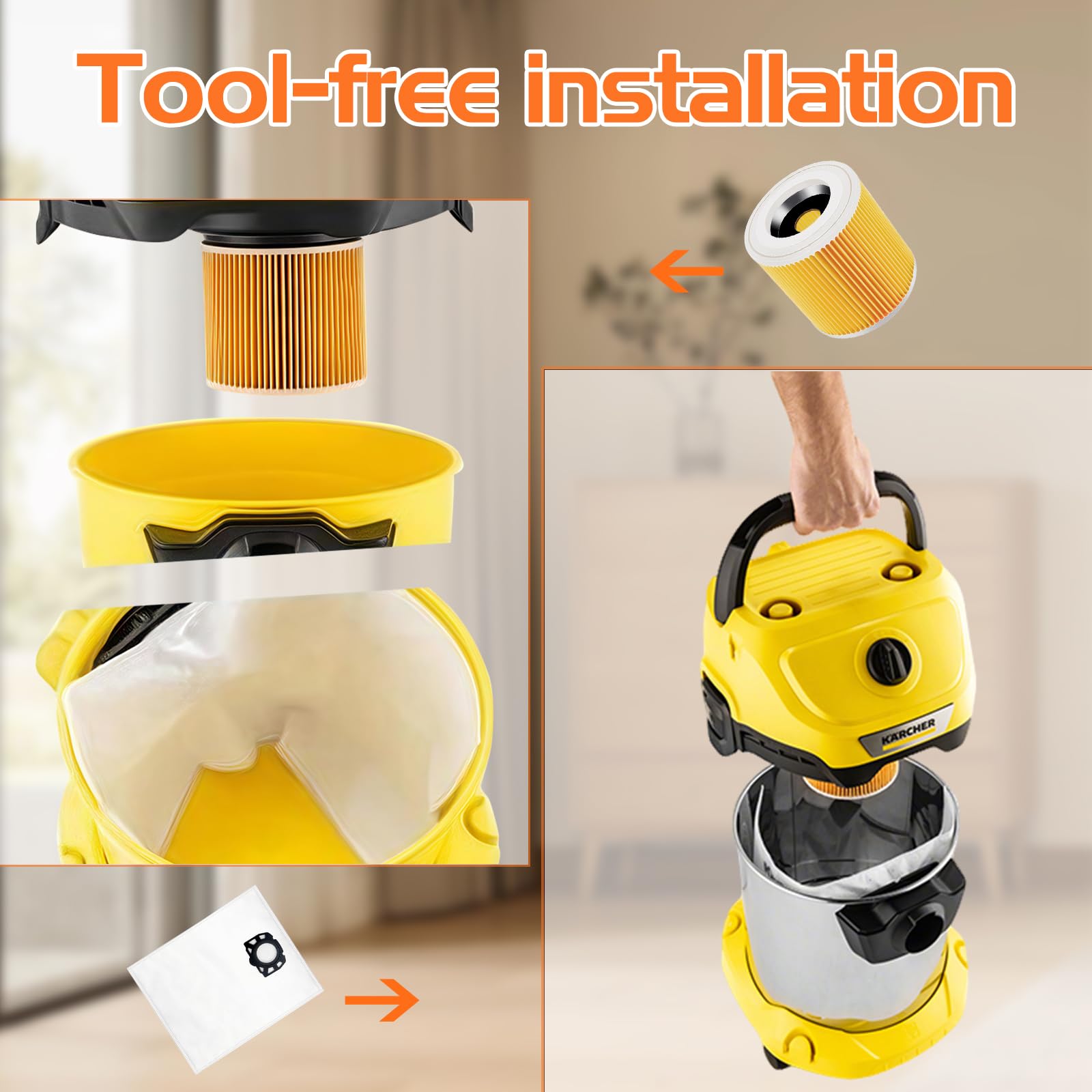 Kit 10 Sacchetti con Filtri per Karcher WD3 WD2 Plus SE 4001 SE 4002 KWD1-3 WD3.200 2.863-314.0, Kit di Accessori per Karcher KFI 357 Ricambi