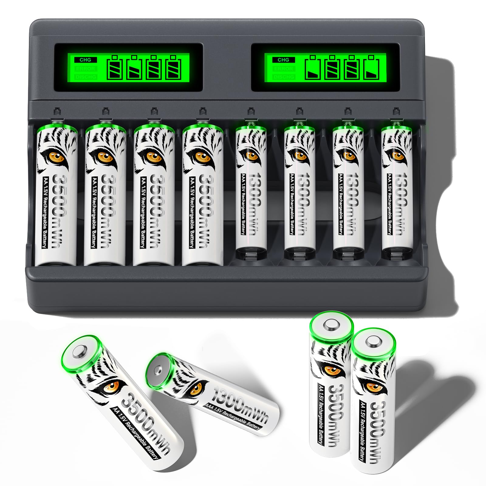 4 Piles AA 1,5 V Rechargeables avec Chargeur, 4 Piles Rechargeables au Lithium AAA avec 8 emplacements USB C Type-C Charge indépendante LCD Chargeur Rapide Intelligent pour Pile AA AAA