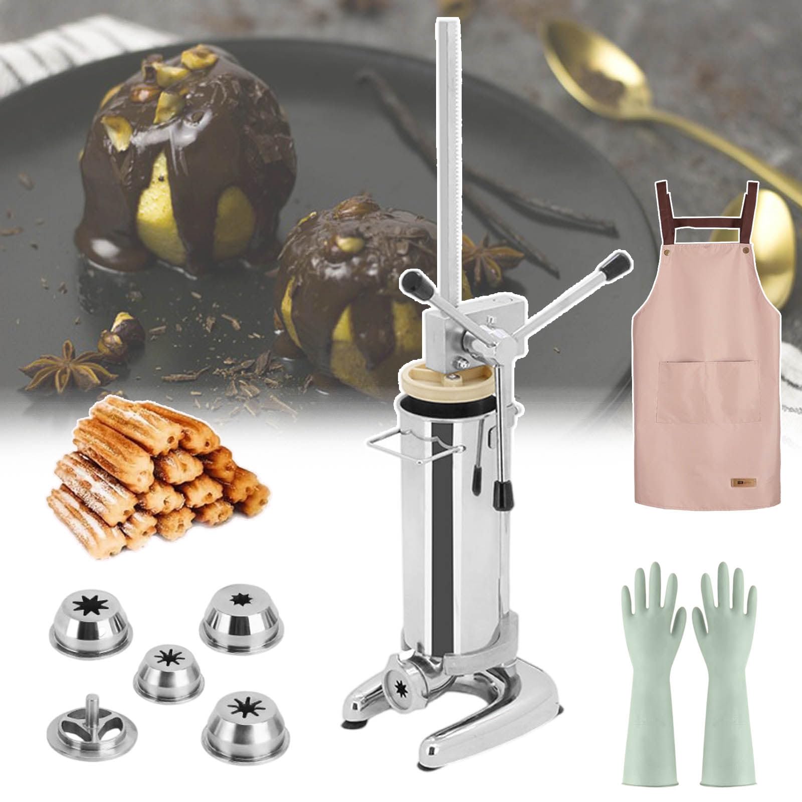 Vertical Spanish Donuts Maker,Manual Churro Filler,with 4 Pairs of Gloves &amp; 5 Molds &amp; 1pcs Apron,Large Capacity &amp; Compact Size,Stainless Steel Material,Detachable Ha,3L