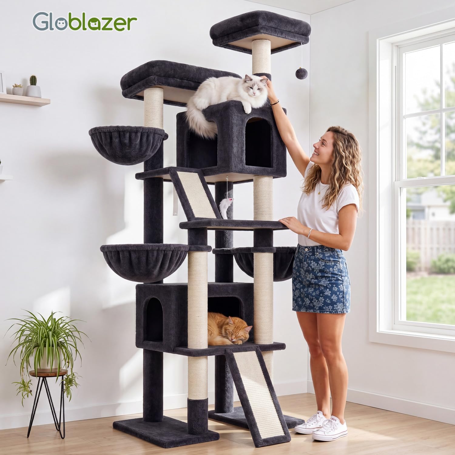 Globlazer Árbol Rascador XXL para 3-4 Grande Gatos 200 cm con 2 Inmenso Nidos, Plataformas 50*30*30CM, 3 Cesta, 2 Rascar Sisal, Estable Torre Gato para Vario Gatos Adultos Interior (F78, Gris Oscuro)