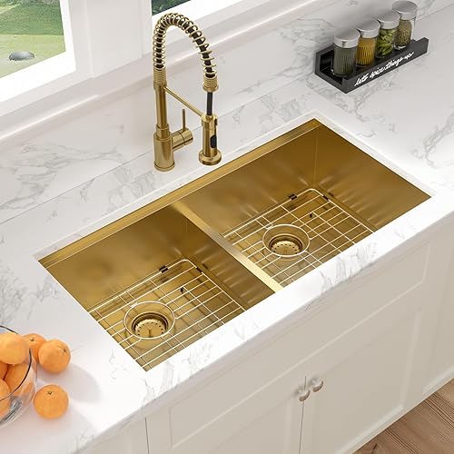 Vista 123 de Sarlai Fregadero doble de 33 piezas para empotrar - Fregadero de cocina de 33 x 19 pulgadas, acero inoxidable de calibre 16, esquina redonda, doble