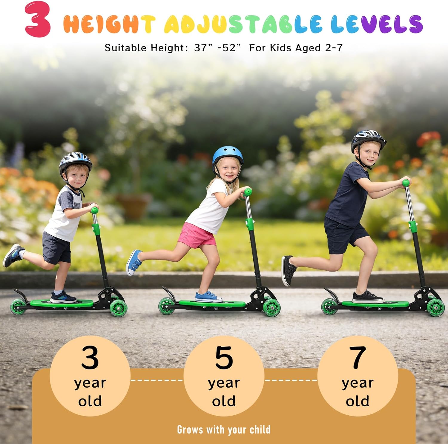 Kids Kick Scooter, Kick Scooter for Kids 2-7 Age, Light up 3 Wheels Kick Scooter, Heavy Duty Folding Lean-to-Steer Scooters with 3 Adjustable Handlebar for Boys Girls Blue