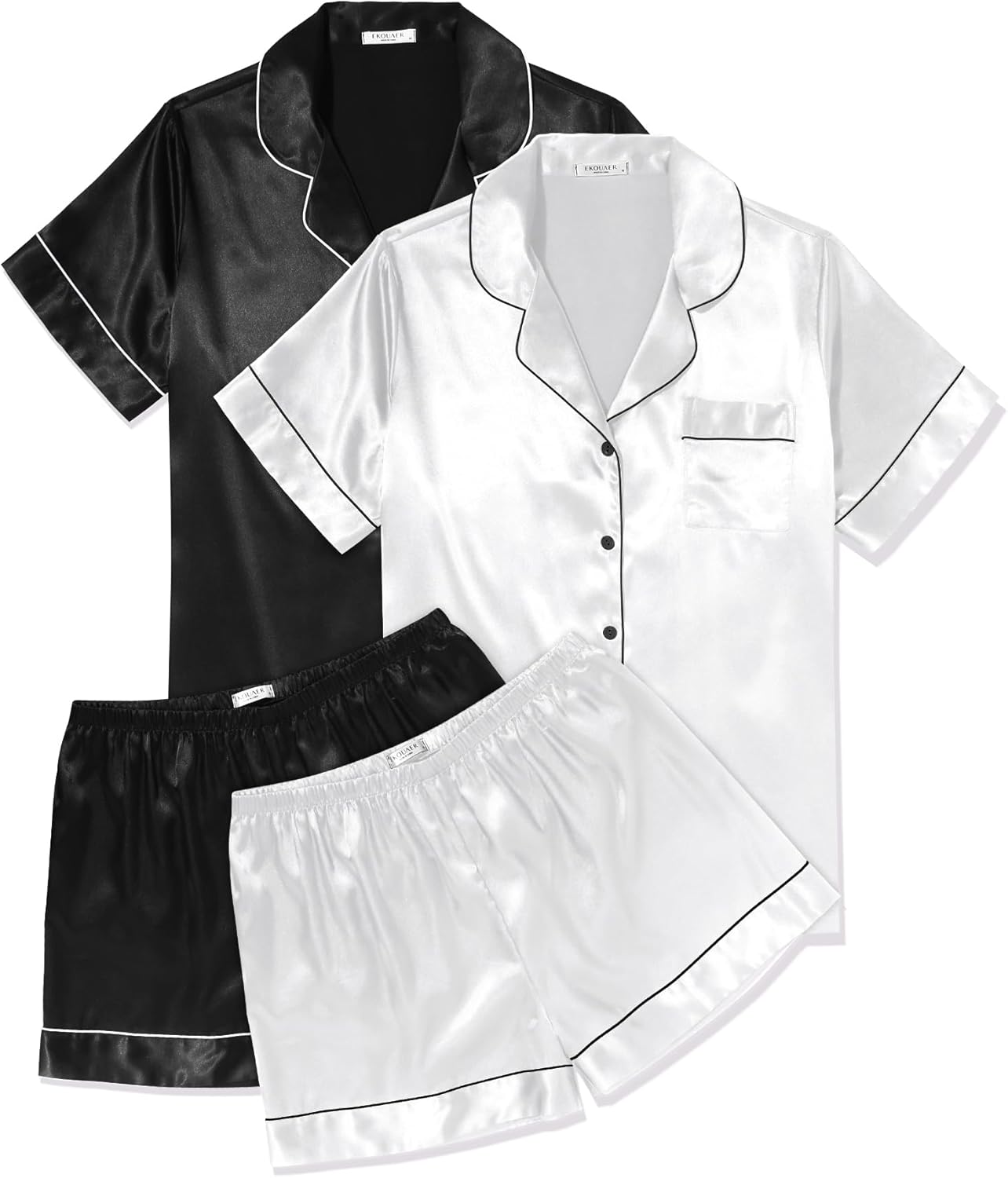 Ekouaer 2 Pack Pajama Sets for Women Silk Satin Pj Short Sleeve Button Down Sleepwear Top and Shorts Summer Lounge Set S-XXL