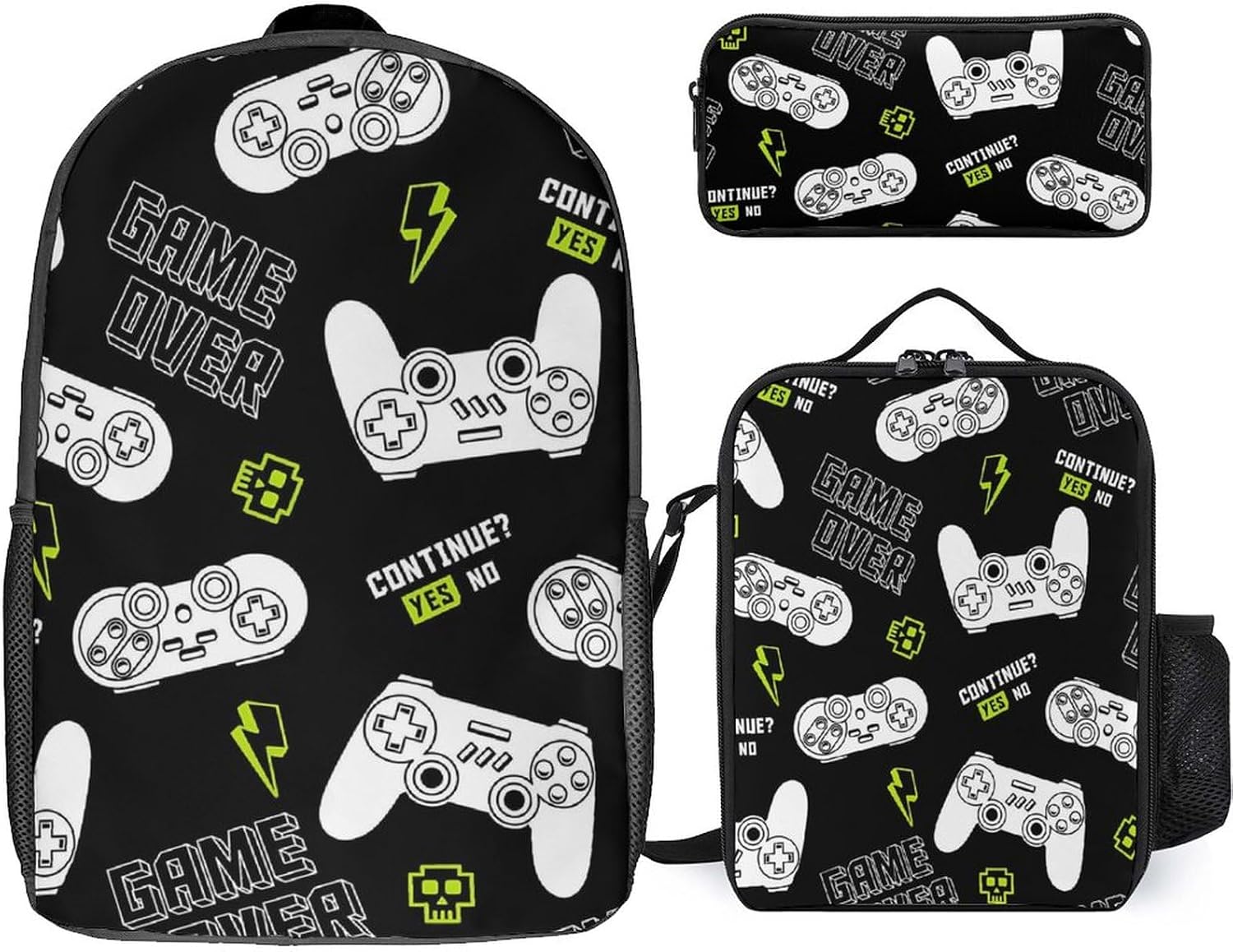 Joystick Gamepad Game Controller Backpack 3 Piece Set with Lunch Box Pencil Case Laptop Daypack Lunch Bag for Men Women Travel
