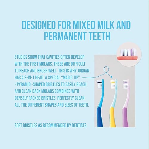 Miniatura 3 de Jordan* Step 3 Cepillo de dientes para niños, de 6 a 9 años, cerdas suaves, sin BPA, paquete de 4, azul y rosa