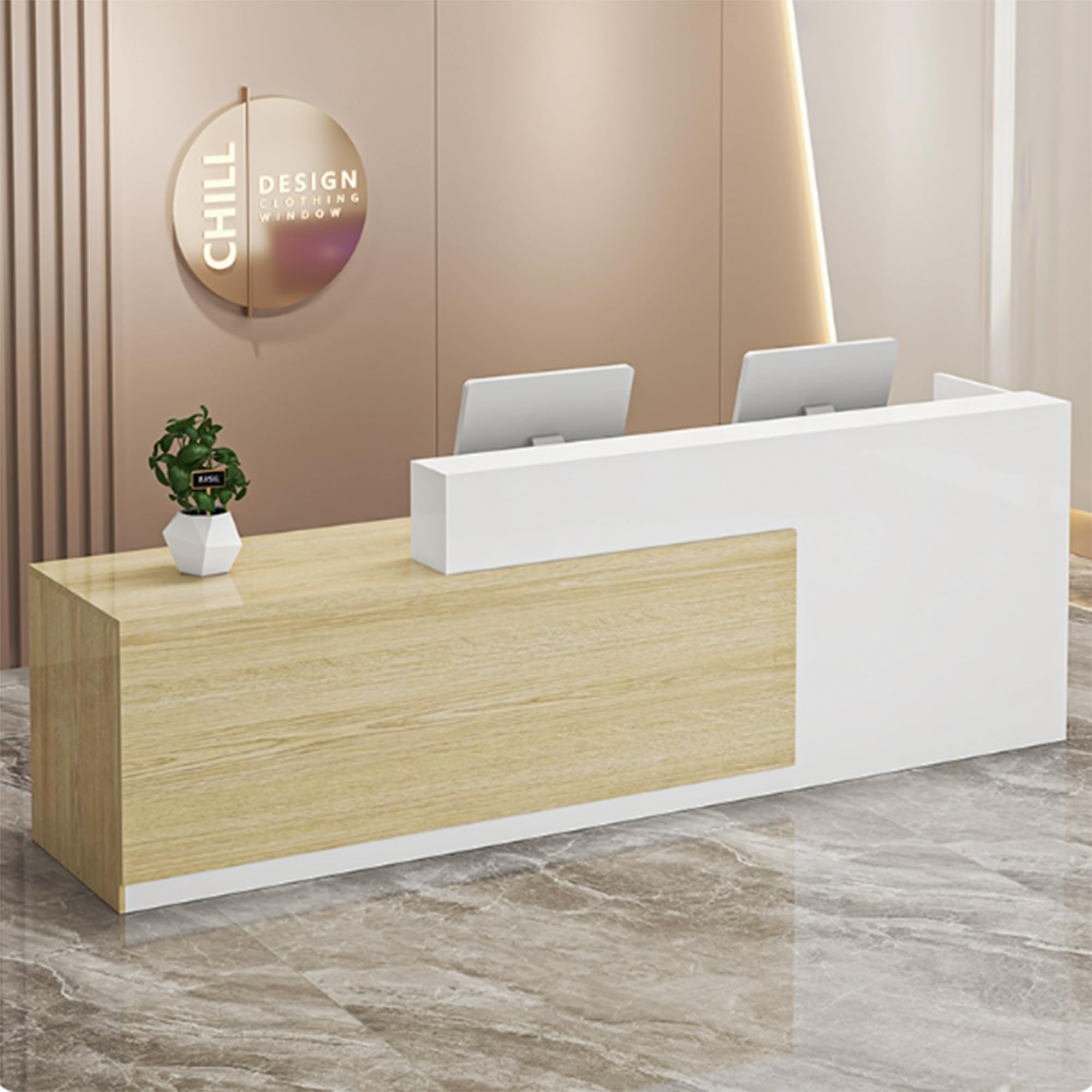 Wood Reception Desk Marble Stone with Checkout Retail Counter L Shaped Modern Mostrador para Negocio Office Desk Closed Front with Storage Drawers for