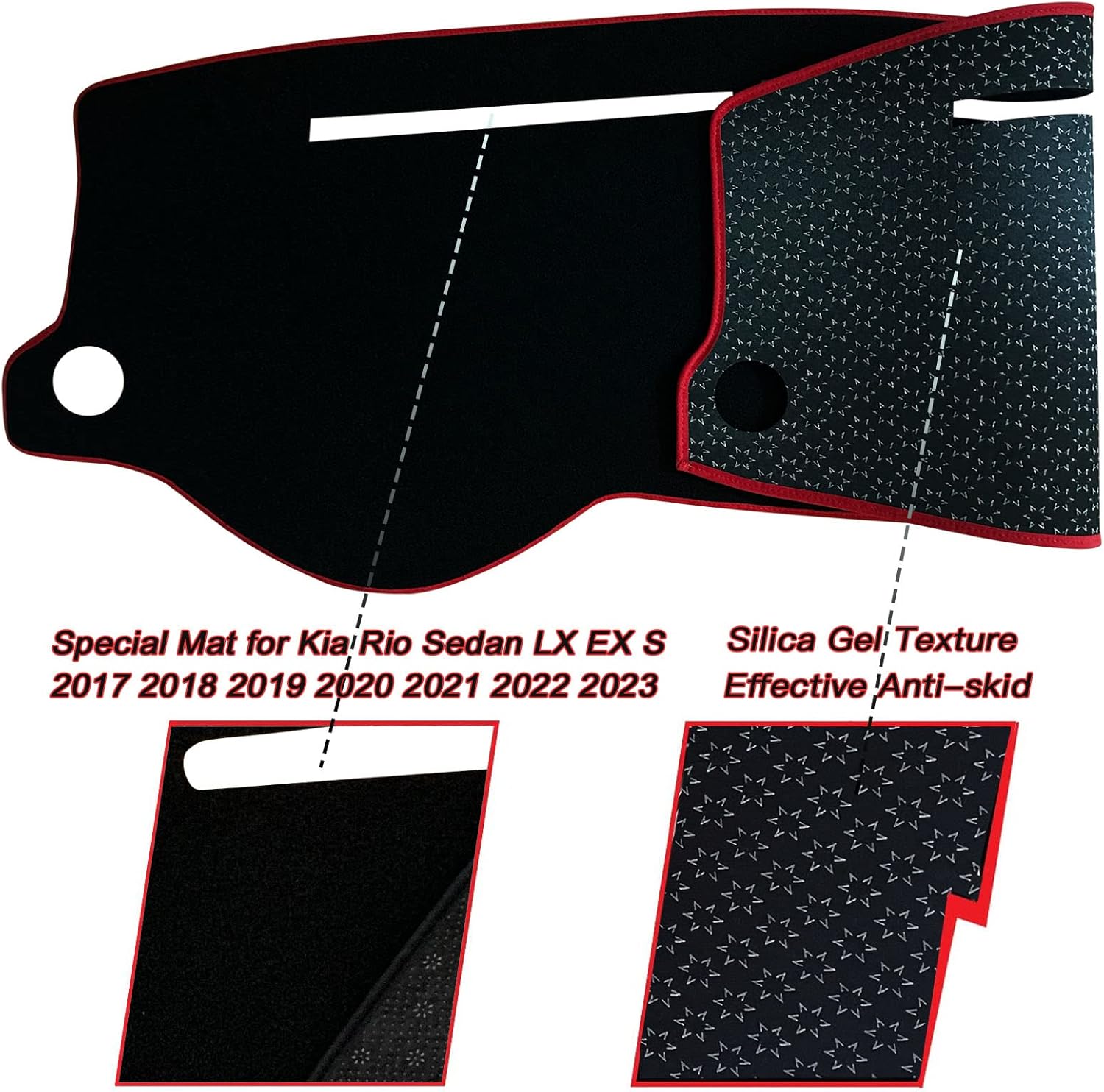 Dash Mat Cover Interior Dashboard Protection pad Compatible with Kia Rio Sedan LX EX S 2017 2018 2019 2020 2021 2022 2023 Sunshade Glare UV Rays Protector (Red Trim)