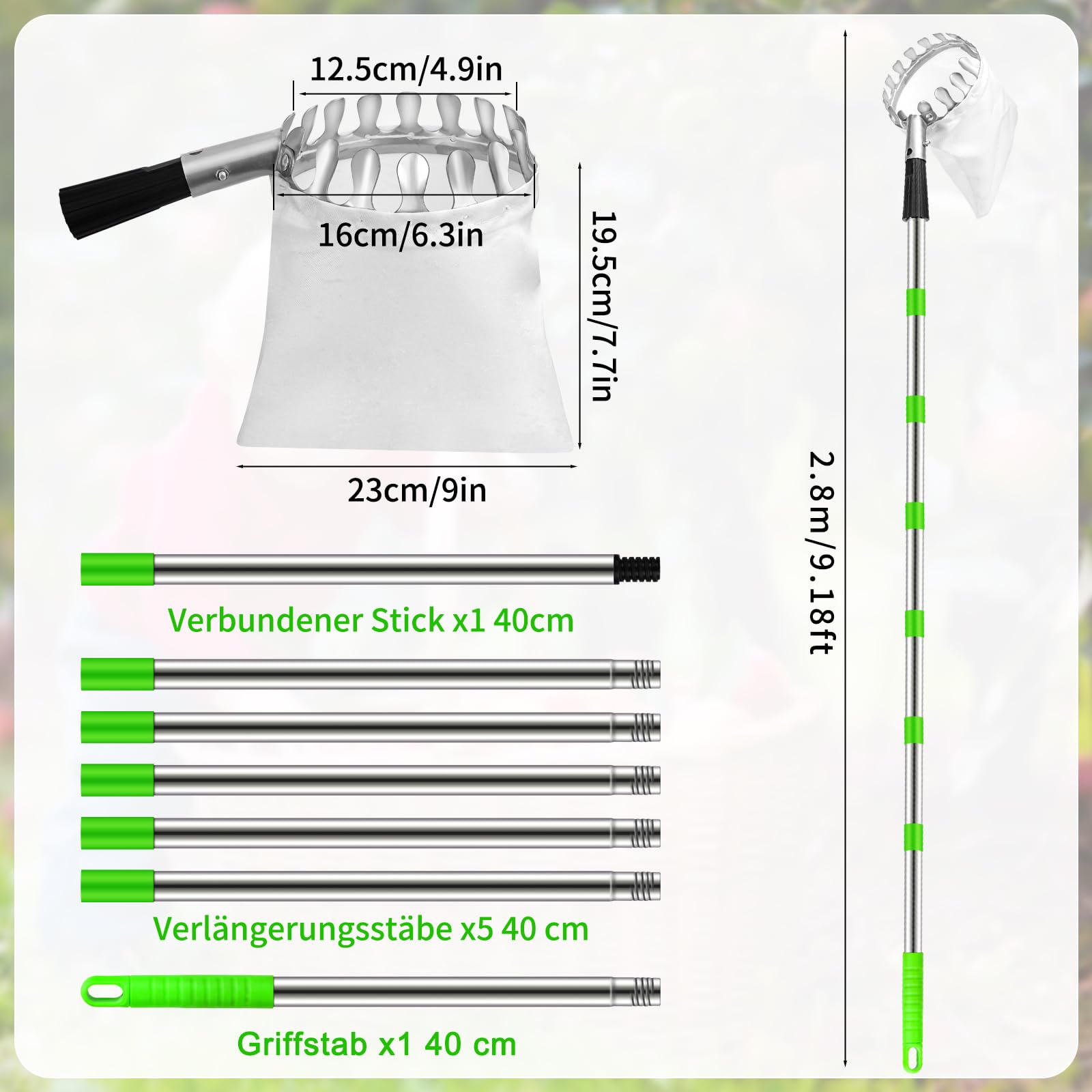 Dreamtop Zbieracz jabłek 2,8 m z trzonkiem teleskopowym, średnica 16 cm, regulowany, do wiśni, śliwek, pogrubiony woreczek, zbieracz jabłek z teleskopowym trzonkiem, stal szlachetna