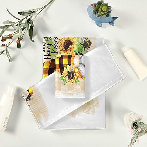 Miniatura 6 de Pfrewn Juego de 3 toallas de baño de flores de girasol de gnomo, toallas de baño de primavera a cuadros de abeja, toallas de baño suaves y