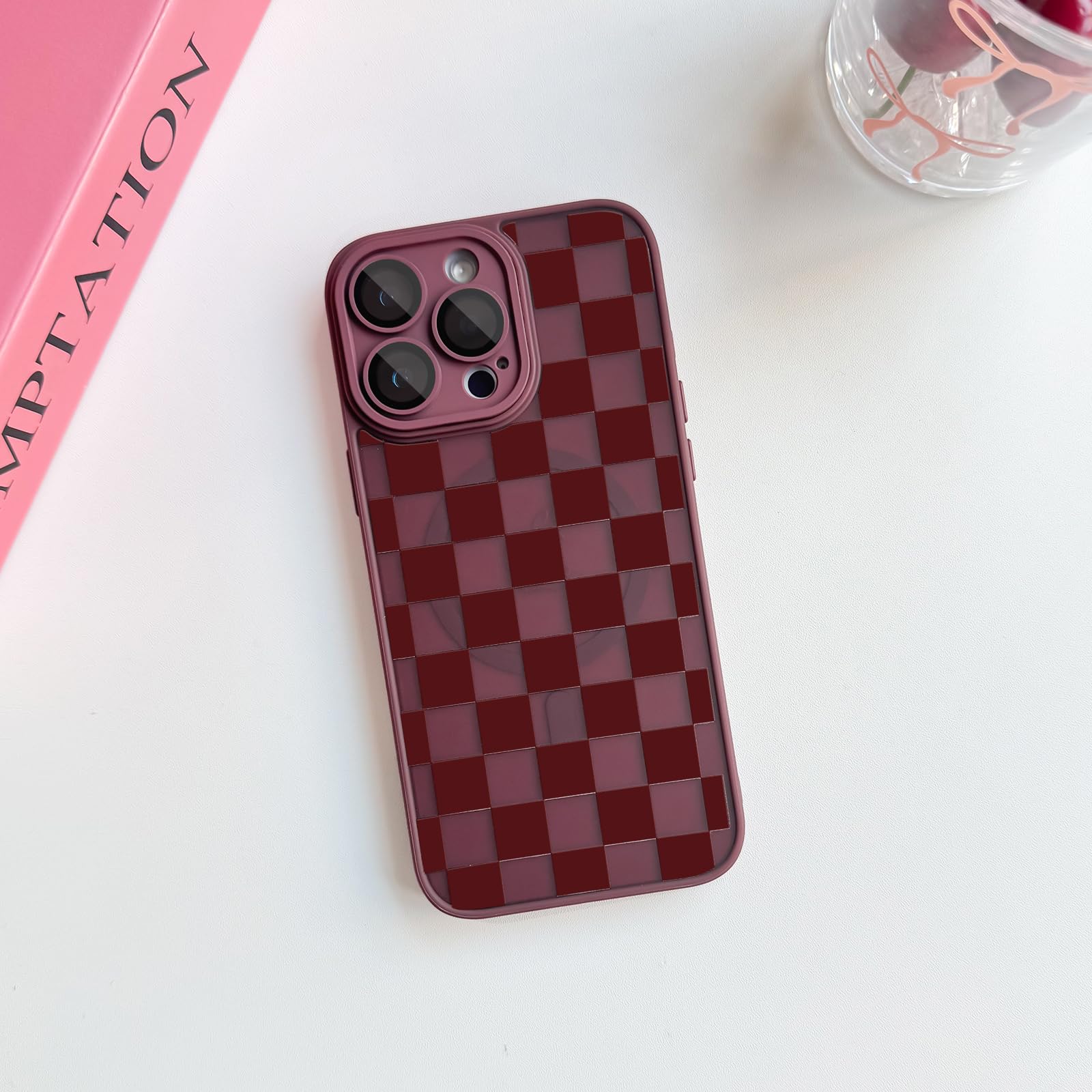 Lovmooful Funda Magnética para iPhone 14 Pro Bonito Cuadrados-Rojo Vino