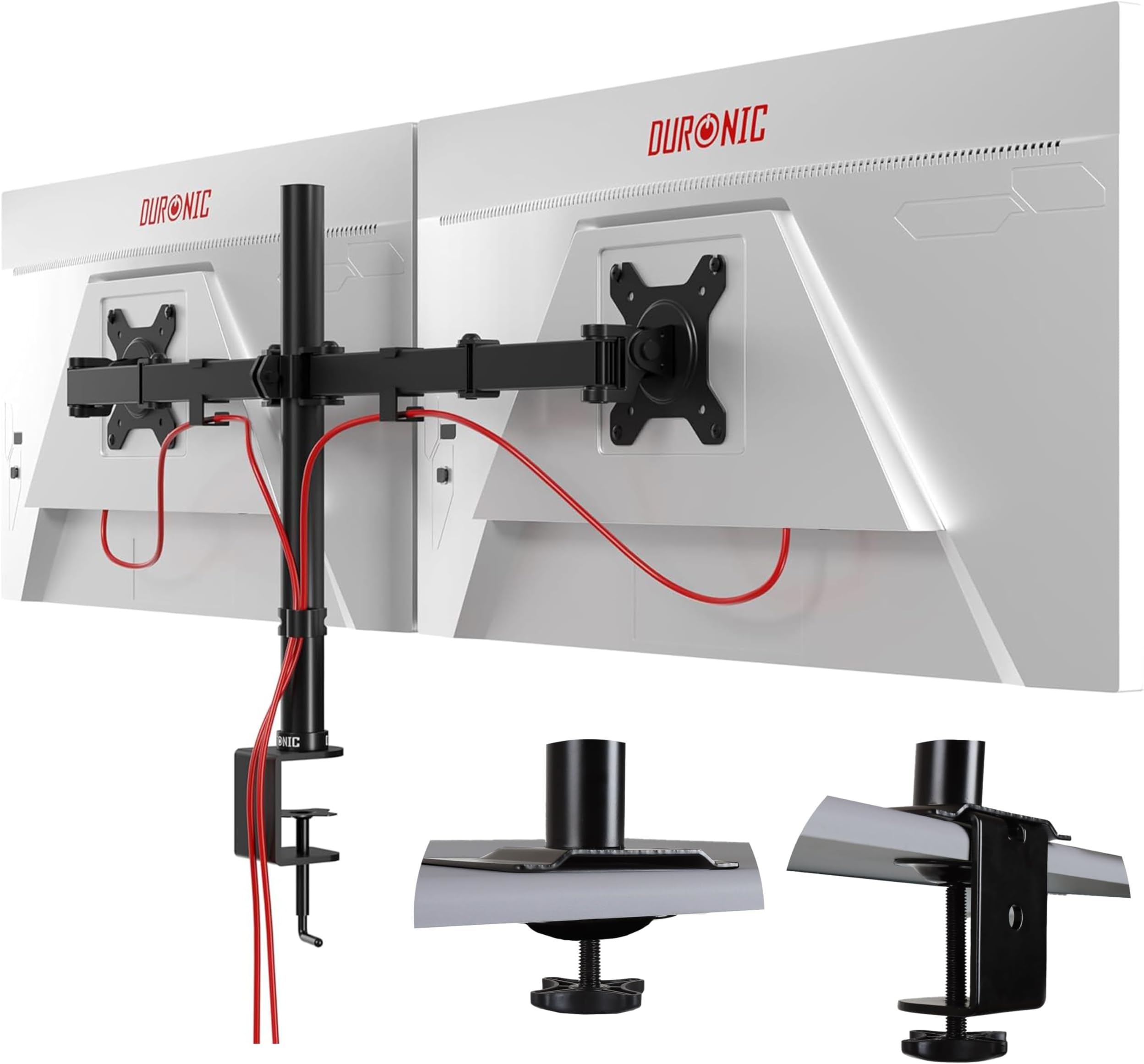 Duronic DM152 Dual Monitor Arm Desk Mount, Adjustable Ergonomic Stand 13-27 Inch Screens, Tilt Swivel 360° Rotation, Cable Management, VESA 75/100, 8kg per Arm, C-Clamp & Grommet, Black, Home Office