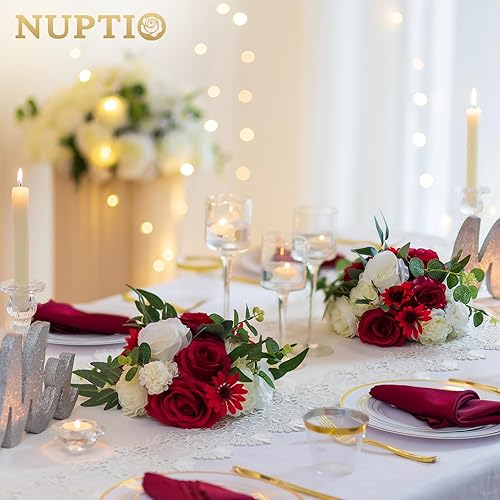 Miniatura 2 de NUPTIO Ramo de Arreglo de Bolas de Flores - 2 Piezas 9.4 pulgadas de Diámetro Carmesí y Blanco Flores Falsas Bolas de Rosas para Centros de Mesa