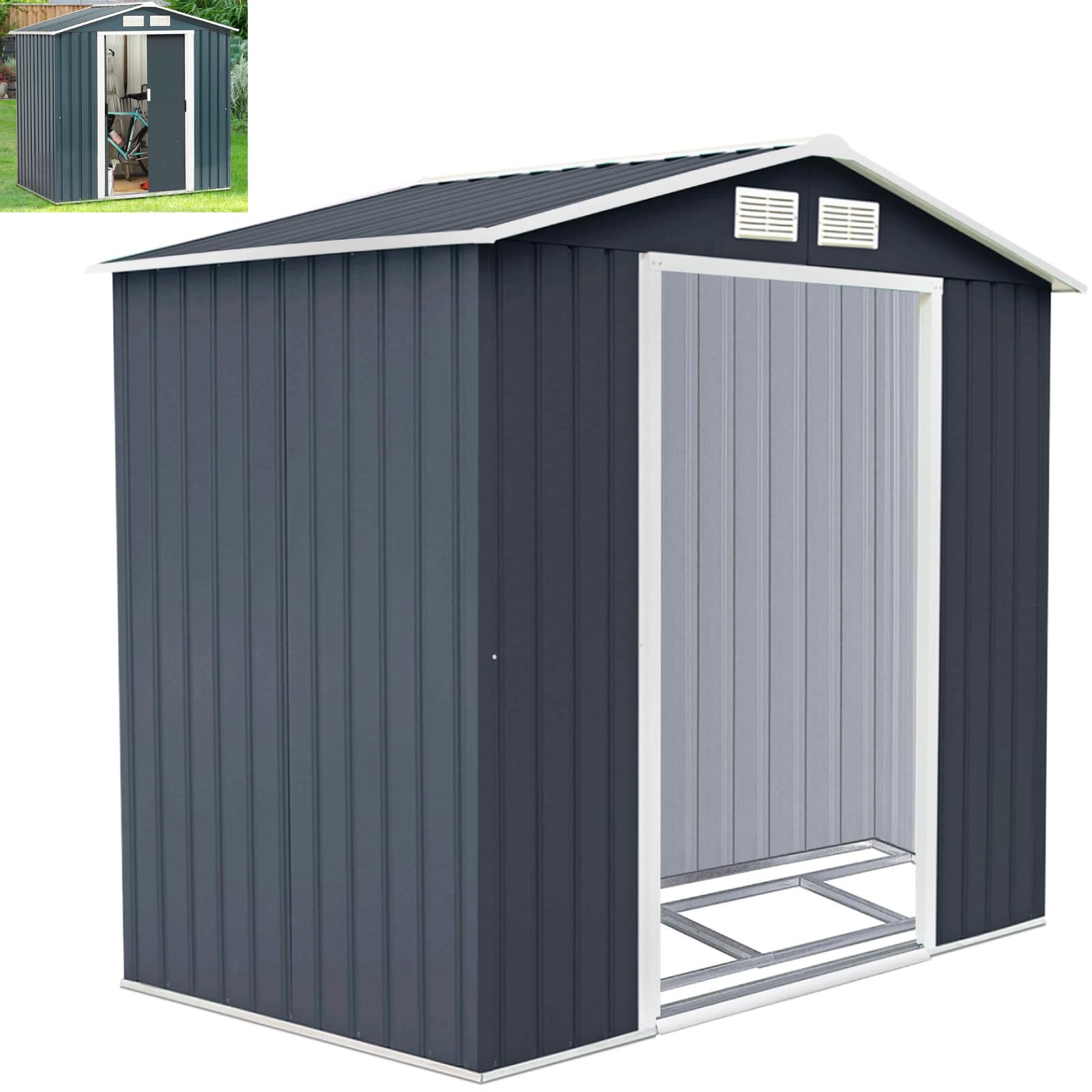 GiantexUK7x4FT/9x6FT/9x8FT/11x8FT Metal Garden Shed, Outdoor Galvanized Storage House with 2/4 Vents & Lockable Sliding Doors, Slope Roof Utility Shed Building (7x4FT, 2 Vents, with Base)