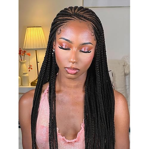 Full Lace Braid Wig with Baby Hair 34 Inch Cornrow Pre Plucked HD Full Lace Knotless Box Braided Wig for Black Women Lemonade Braids Fulani Style