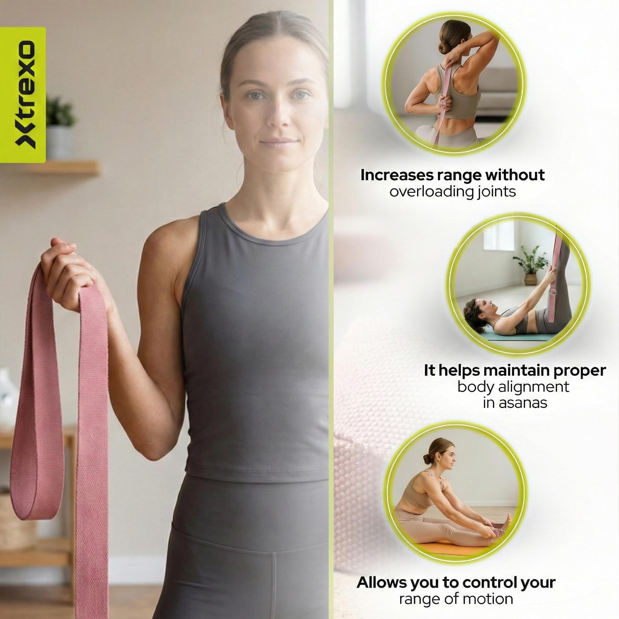 TREXO Cinghia da yoga 183 x 3,8 cm, fibbia a forma di D, facile regolazione della lunghezza per diverse asana, adattata alle diverse preferenze, accessorio ideale per la cintura da yoga per tutti