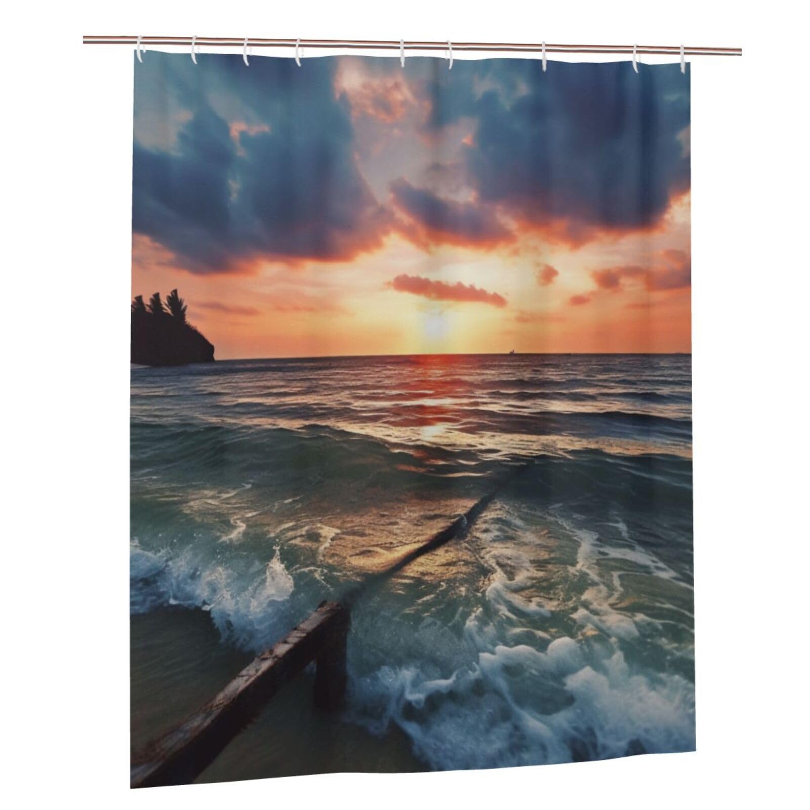 BWWHCCTI Sea at Sunset Printed Shower Curtain With 12 Plastic Hooks Opaque Quick Drying Waterproof Shower Curtains Sets For Bathroom 152x183 Cm