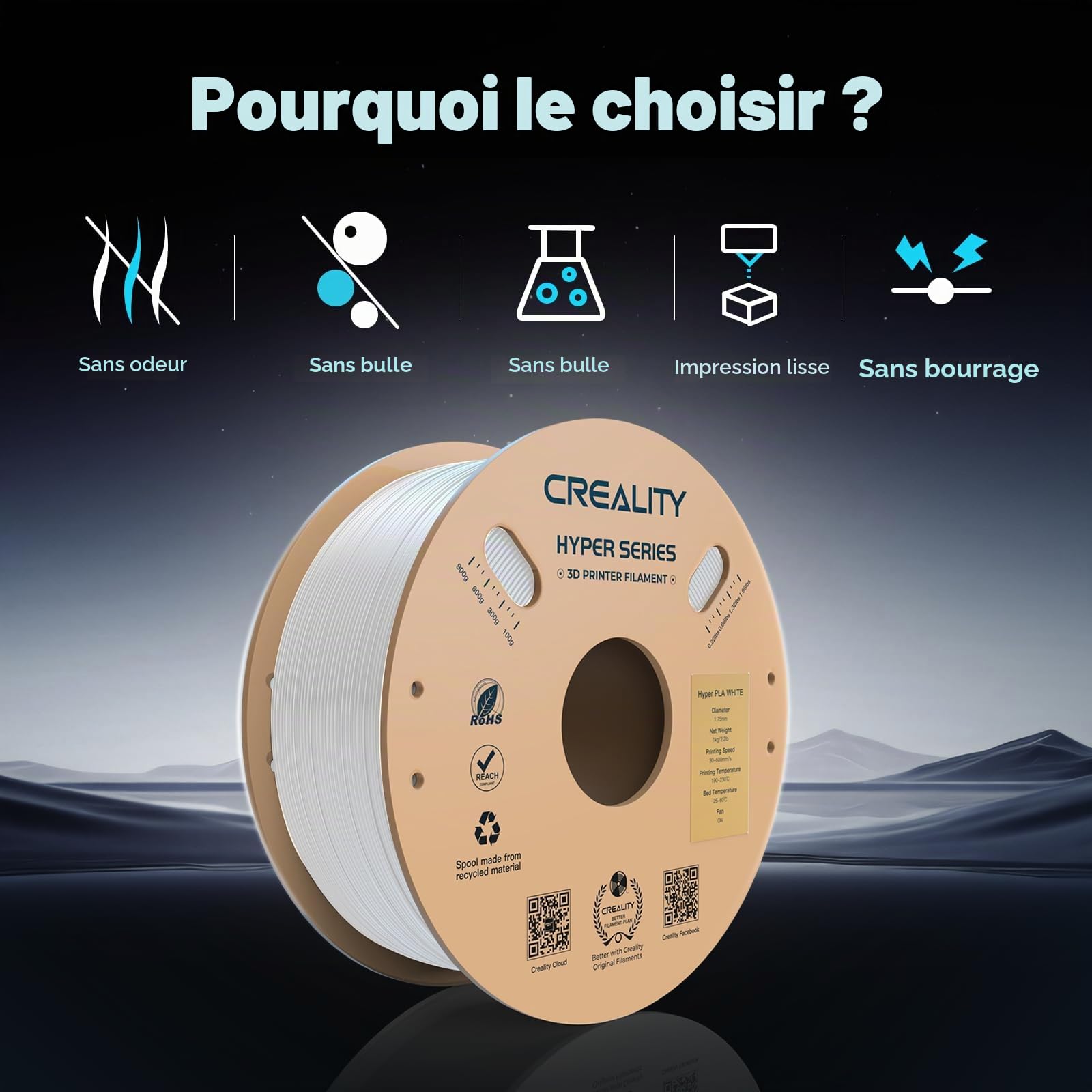 Creality Hyper PLA Filament Pour Imprimante 3D 1,75 mm 1 kg, PLA Haute Vitesse 30 à 600 mm/s, Précision Dimensionnelle +/- 0,02 mm, for Avec la Plupart Des Imprimantes 3D,Blanc