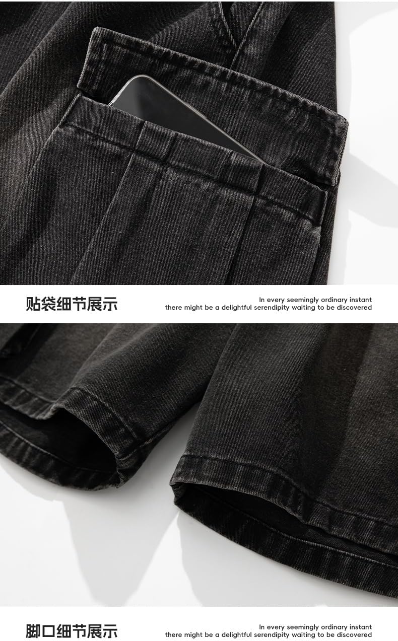 Men's Washed Cargo Denim Shorts Summer Loose Fit Large Pocket Knee-Length Shorts