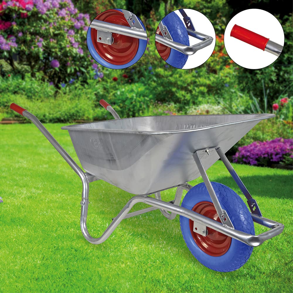 BPA Schubkarre Vollgummi mit Vollgummirad Vollgummireifen Bauschubkarre Schubkarren pannensicher Scheibtruhe Gartenkarre | 100 Liter Mulde verzinkt | PU Rad blau mit Kugellager