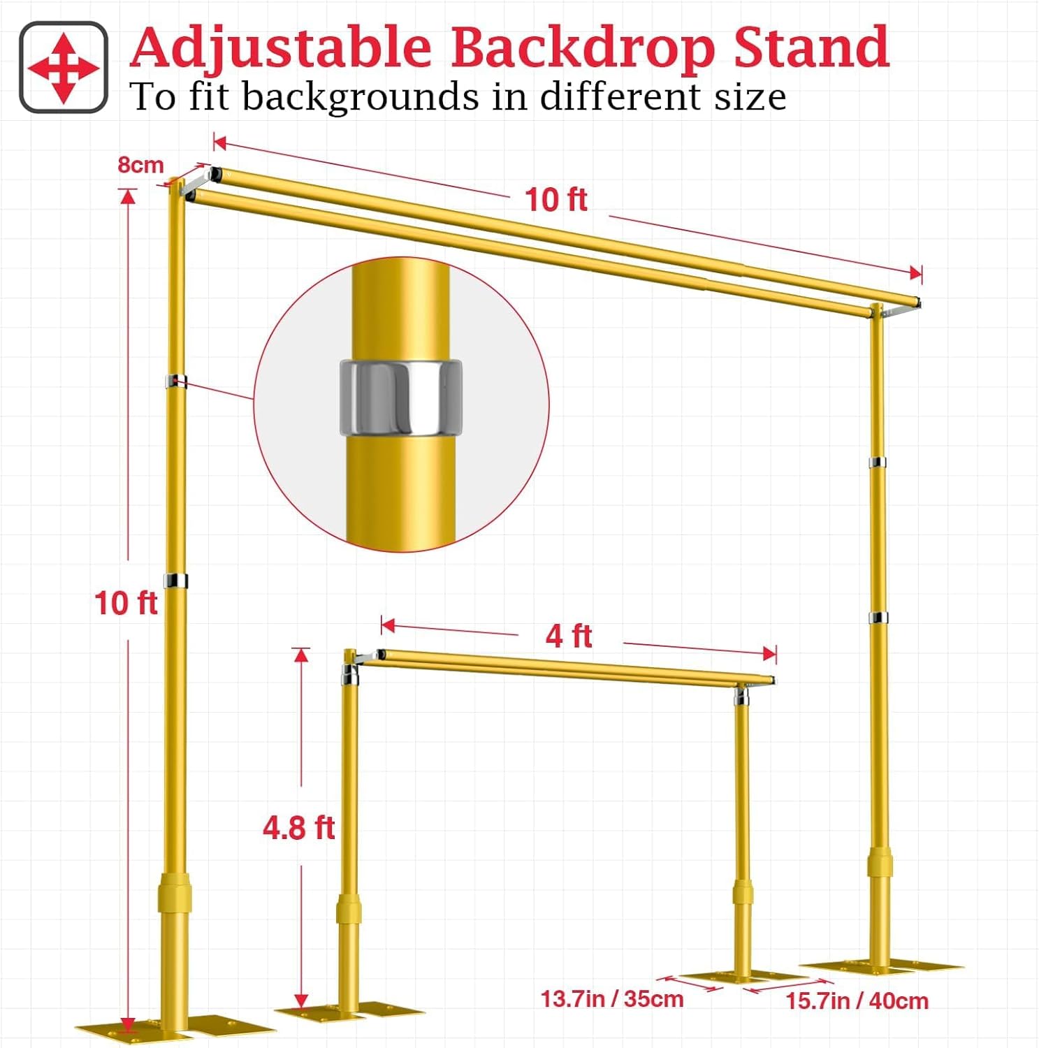 EMART Backdrop Stand Heavy Duty 10x10Ft, Double Crossbar Pipe and Drape Photo Background Support Kit, Adjustable Metal Frame with Flat Base for Wedding Birthday Party Decorations-Gold
