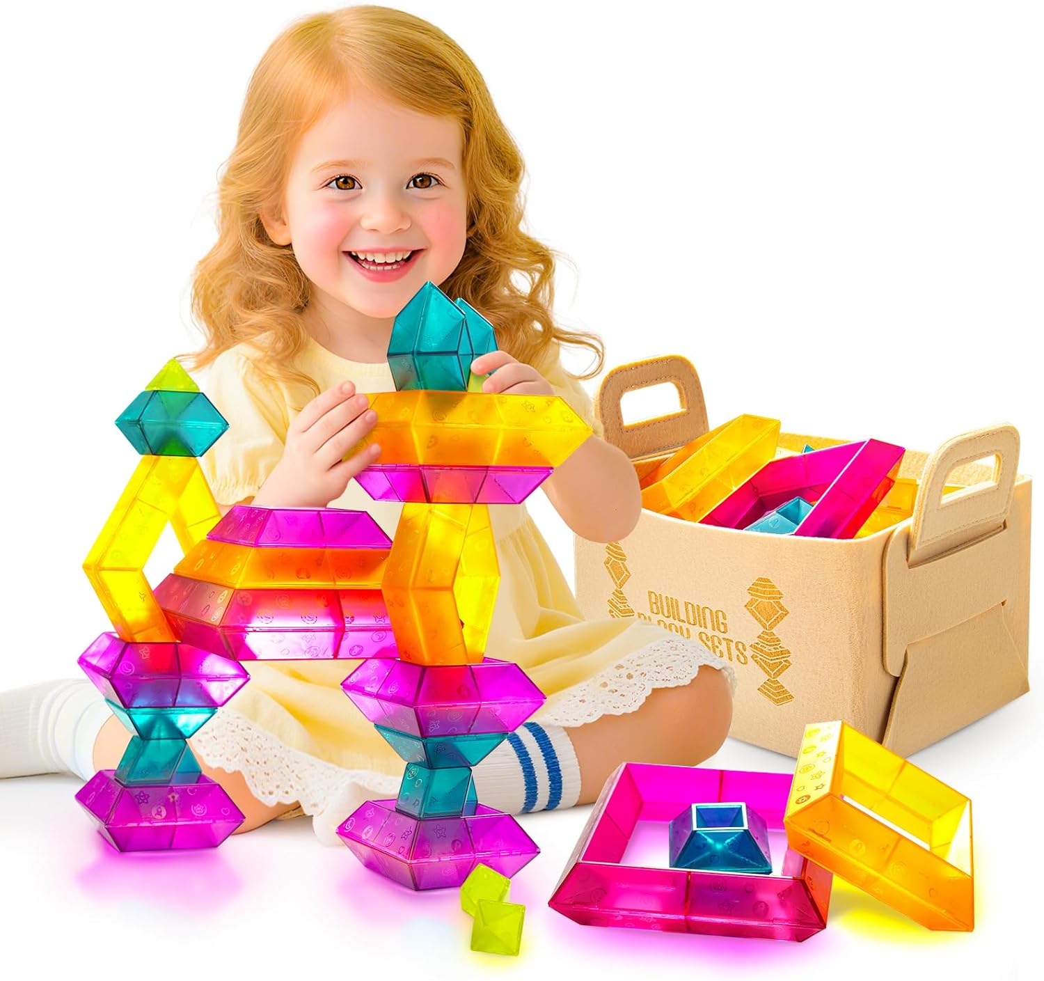 Translucent Building Block Set with Toy Storage Bag, 30 Pcs Light-Passing Stacking Toys for Kids Ages 3+, STEM Preschool Educational, Light Table Compatible, Gift for Toddlers & Children