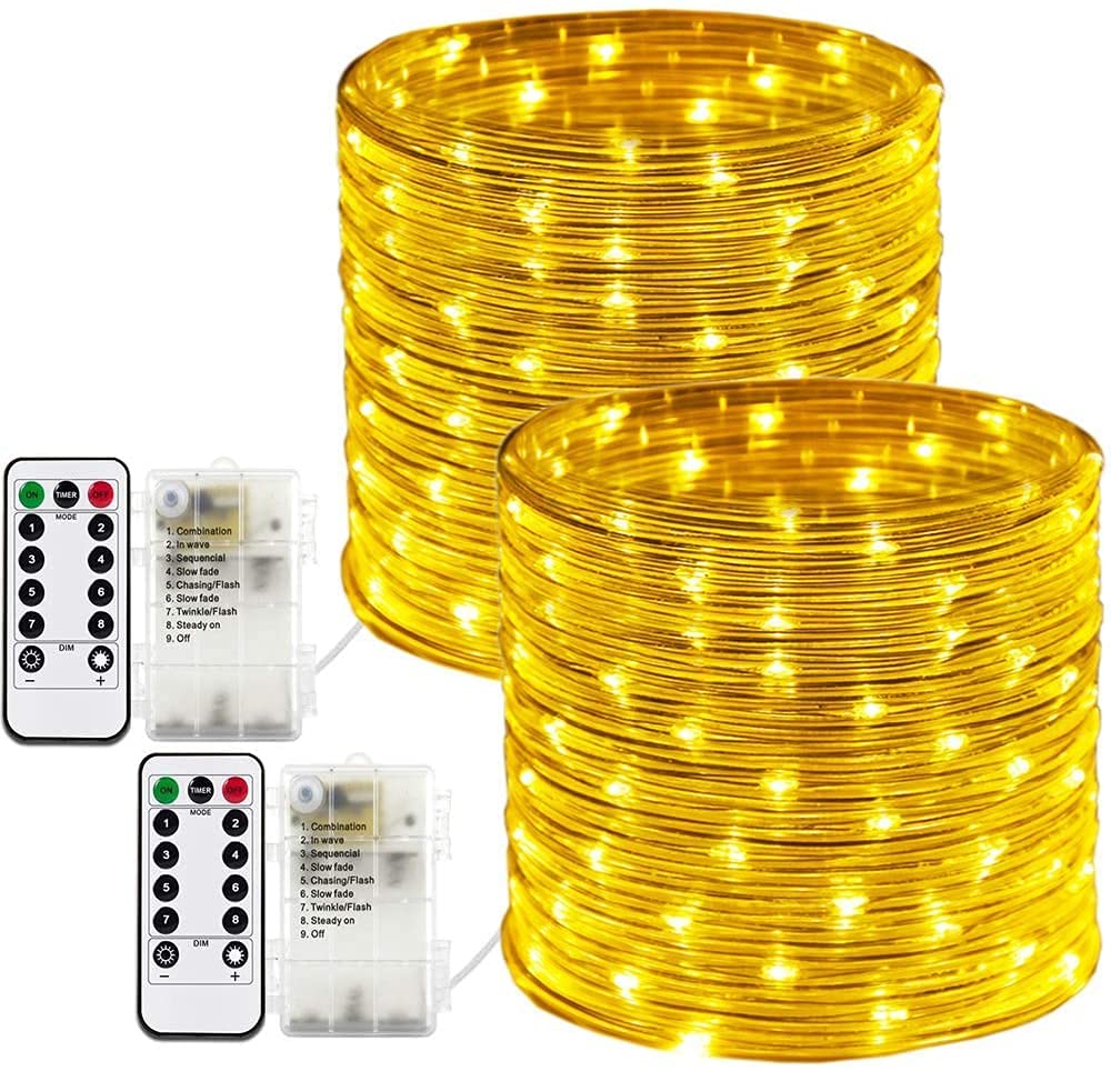 Outdoor Rope/Wire Lights Multicolor, 33Ft 8 Modes Battery Operated Dia 3MM Rope Lights Outdoor Waterproof Fairy Lights with Remote Control for Tree Bedroom Christmas Garden Decoration, (Warm White)