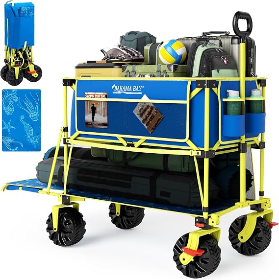 Old Bahama Bay 400L Collapsible Double Decker Beach Wagon with Brakes, Folding Beach Cart with 54 Extra Long Decker, 450LBS Heavy Duty Wagon Chart with All-Terrain Big Wheels for Sand Camping Garden