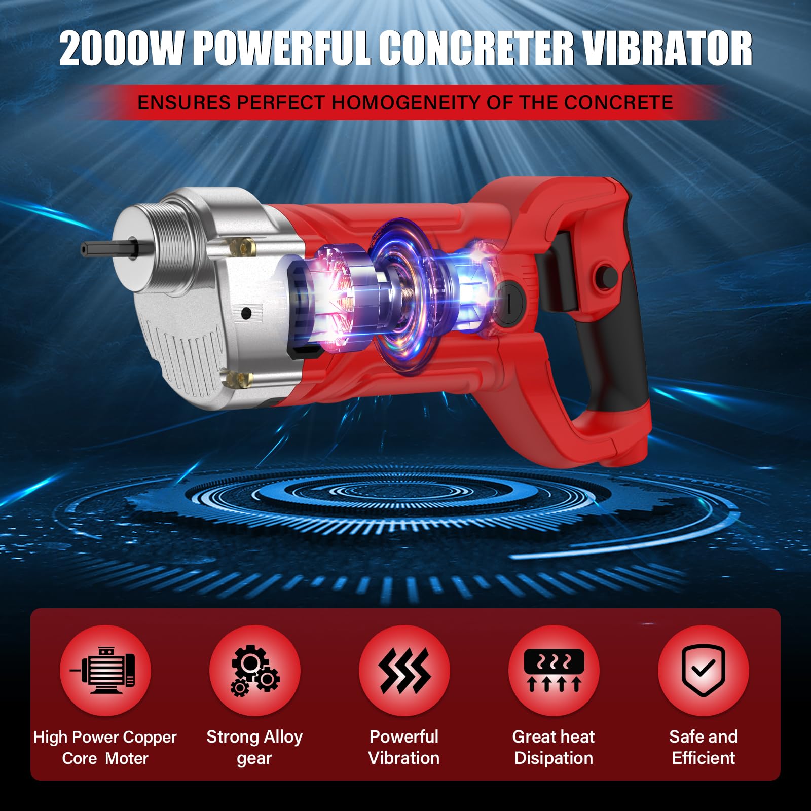 IMAYCC 2000W Vibrateur en Béton,Vibrateur de Construction Electrique 4300 tr/min,Longueur de Cuivre Tige Vibrante 2M,Diamètre de l'arbre de Vibration 38mm,pour Tunnels Routes Ponts Maison