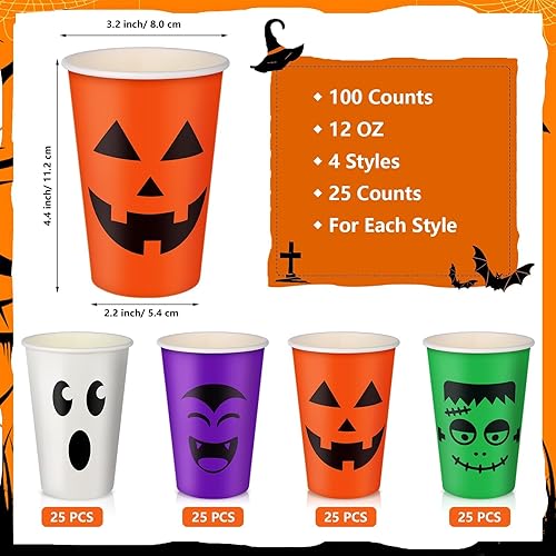 Miniatura 2 de 100 vasos de fiesta de Halloween de 12 onzas con diseño de calabaza, vampiro, murciélago, fantasma, vasos de papel desechables para bebidas frías y