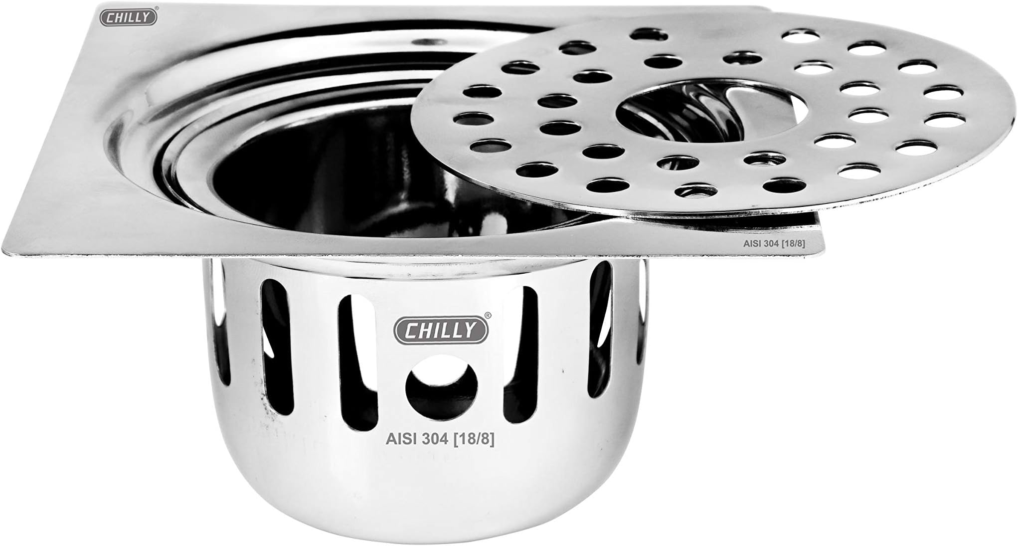 CHILLY Cockroach Trap Square Gypsy Flat Cut with Waste Pipe Hole for Kitchen Sinks and Wash Stainless Steel AISI 304 (18/8) Floor Drain Cover/Jali/Grating (Glossy Finish) - CCT-SGFC-127-GF