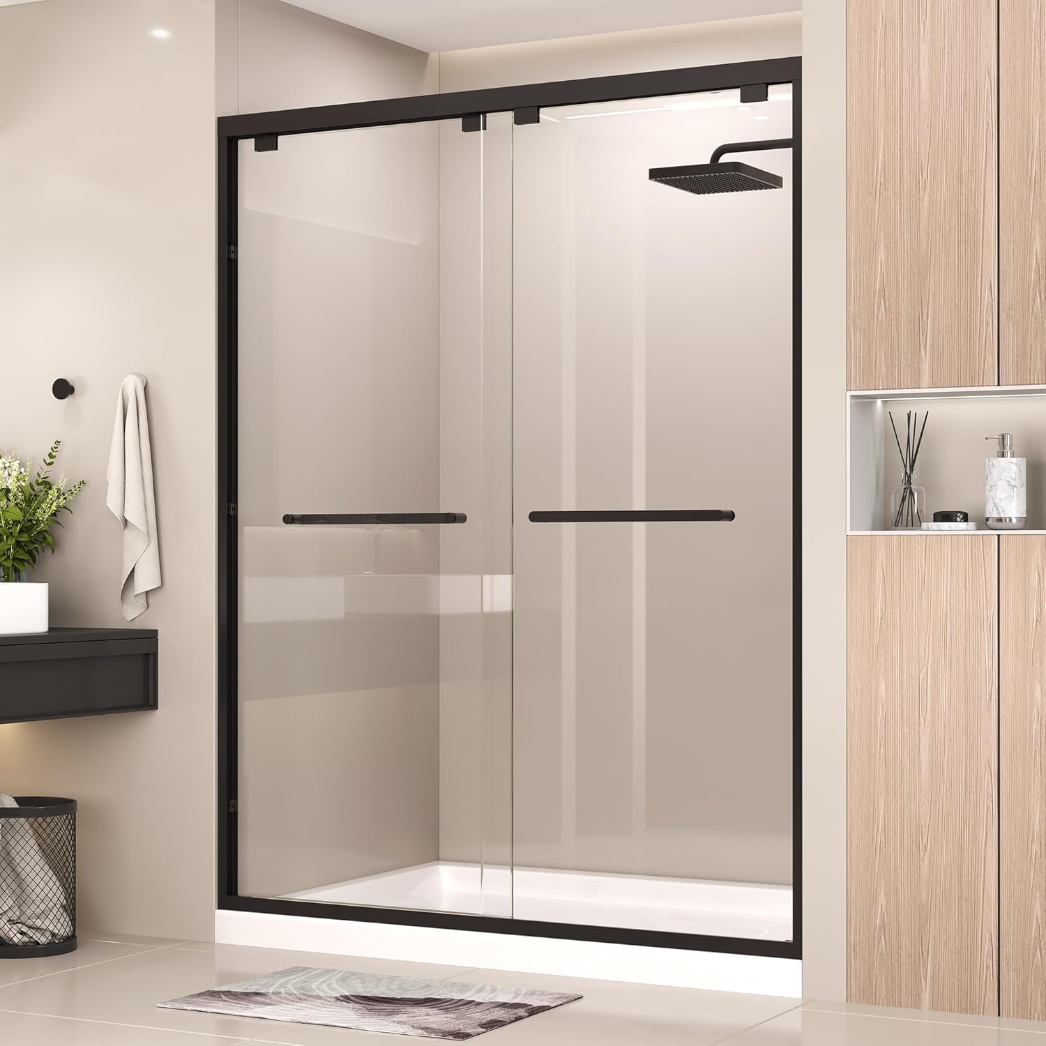 49-54 in W x 76 in H Semi‑Frameless Double Sliding Shower Door, 16 Sets Precision Silent Rollers, 1/4 in (6mm) SGCC Tempered Glass with Explosion‑Proof Film & Nano Coating,Matte Black