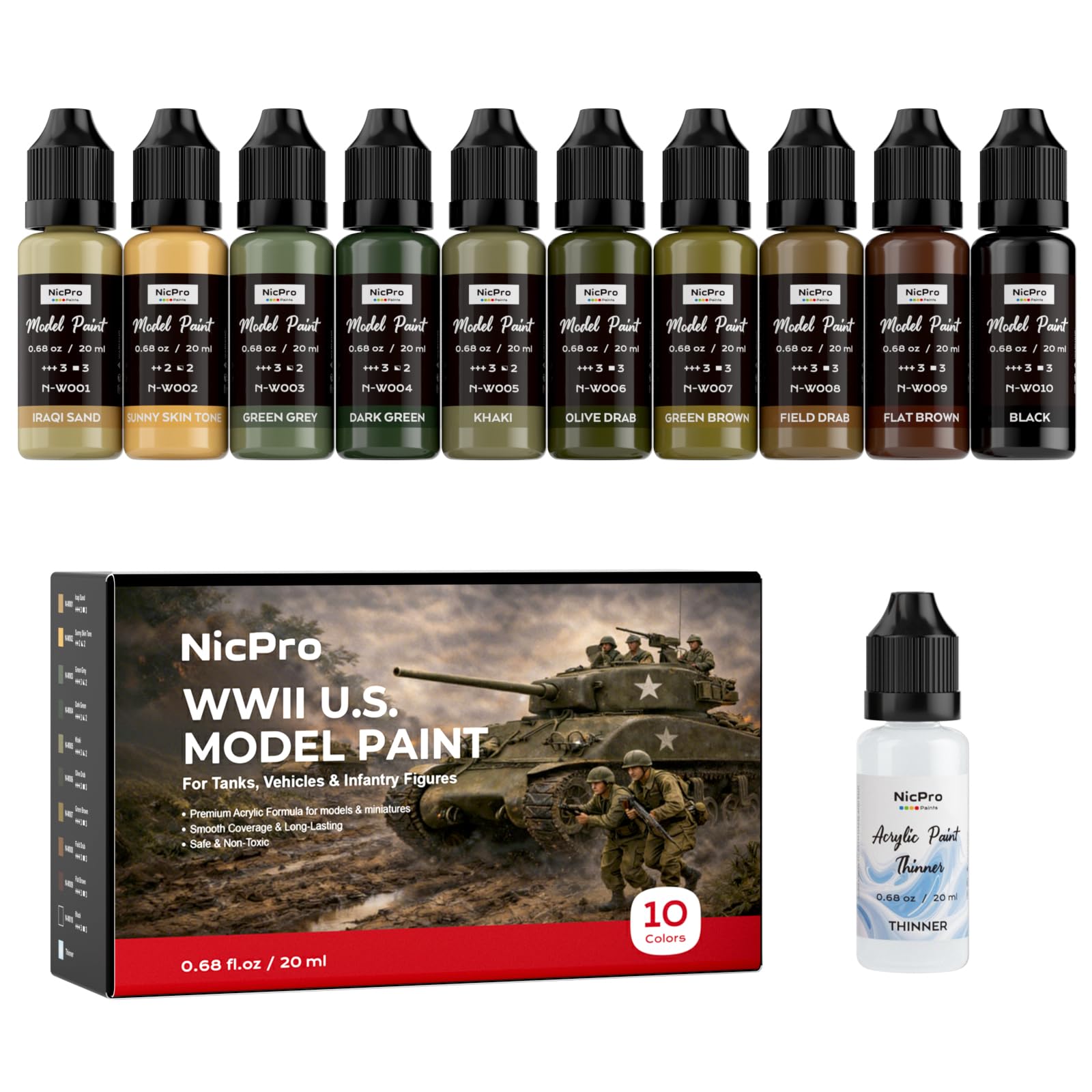 Nicpro 10 Colors WWII U.S. Model Paint Set, 20ml Ready to Use
