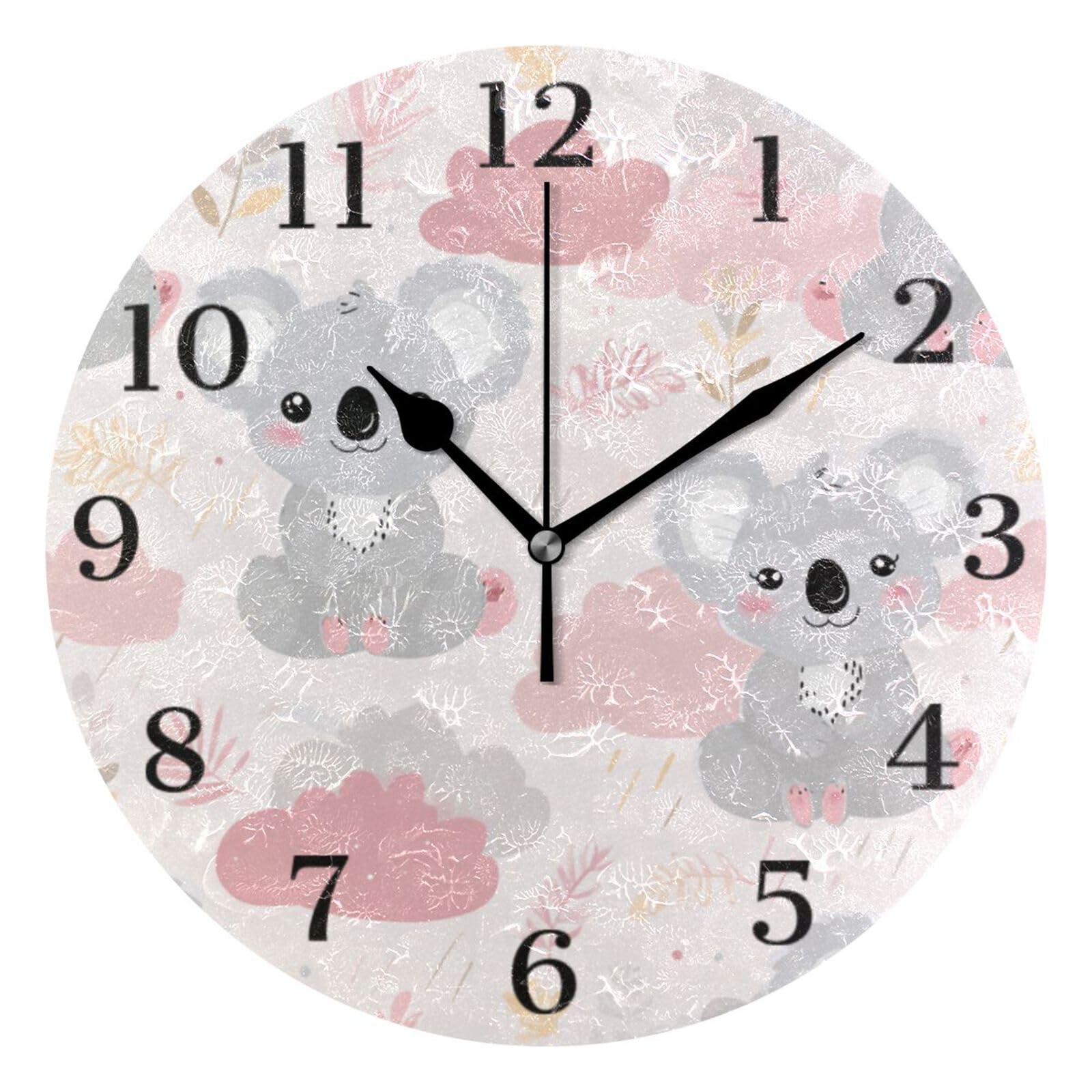 Ensound Gray Koala Wall Clock Silent Non-Ticking Battery Operated Clocks 12 Inch for Kitchen Home Living Room Black