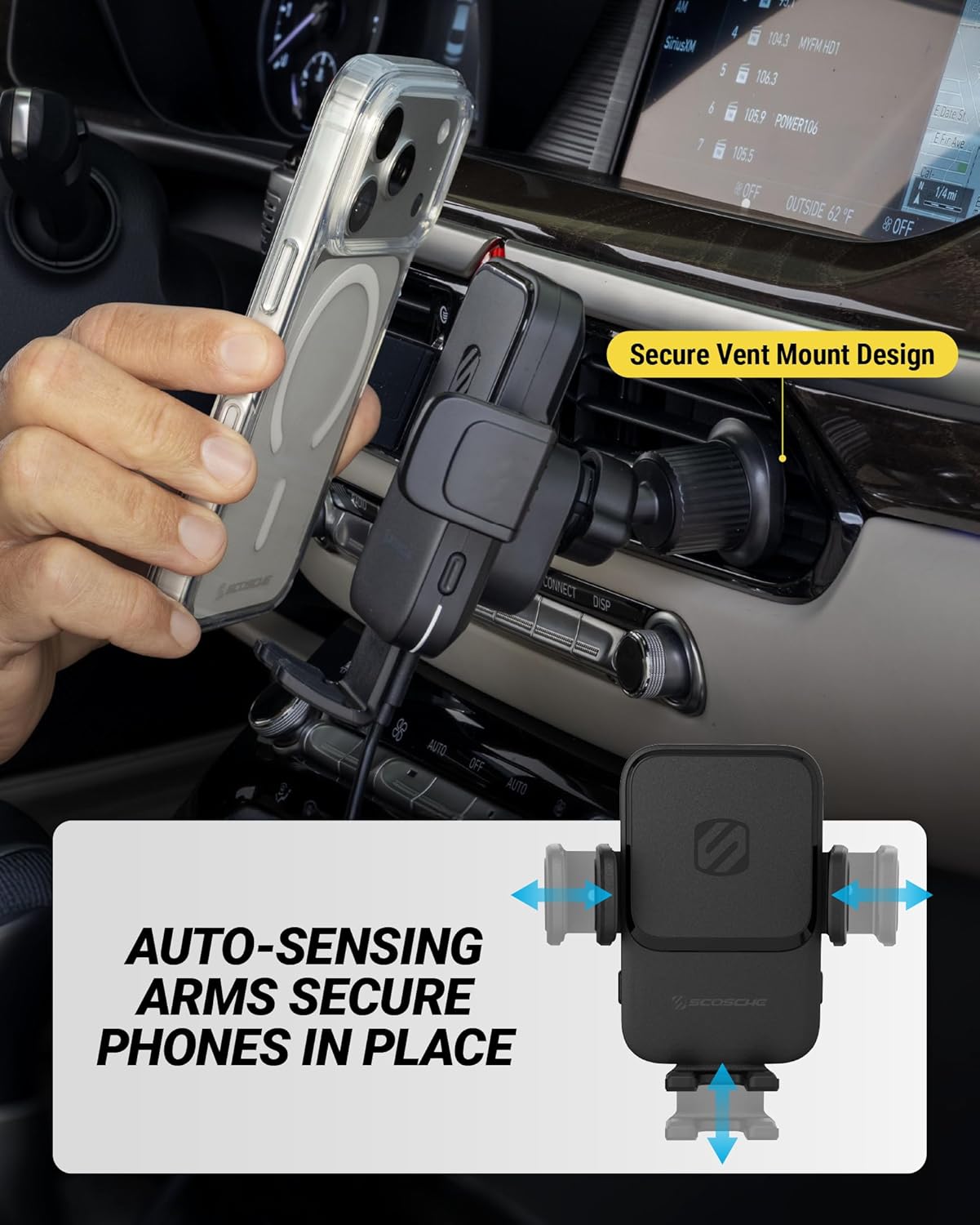 Scosche Wireless Car Charger, Auto Clamping Car Vent Phone Mount, Cell Phone Holder Charger with Twist-to-Secure Hook, 360° Rotation, Compatible with iPhone, Samsung, Qi-Enabled Android Phones