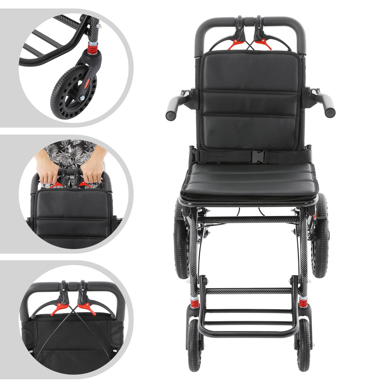 Silla de ruedas plegable de viaje, silla de ruedas de tránsito con reposapiés y reposabrazos giratorios de 270°, ligera, de aluminio, para adultos mayores, hasta 100 kg