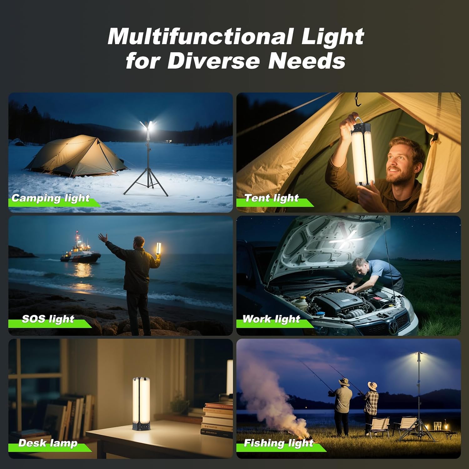 Collage of images showing the Clemas H6 light used in various scenarios: camping, as a tent light, SOS light, work light, desk lamp, and fishing light.