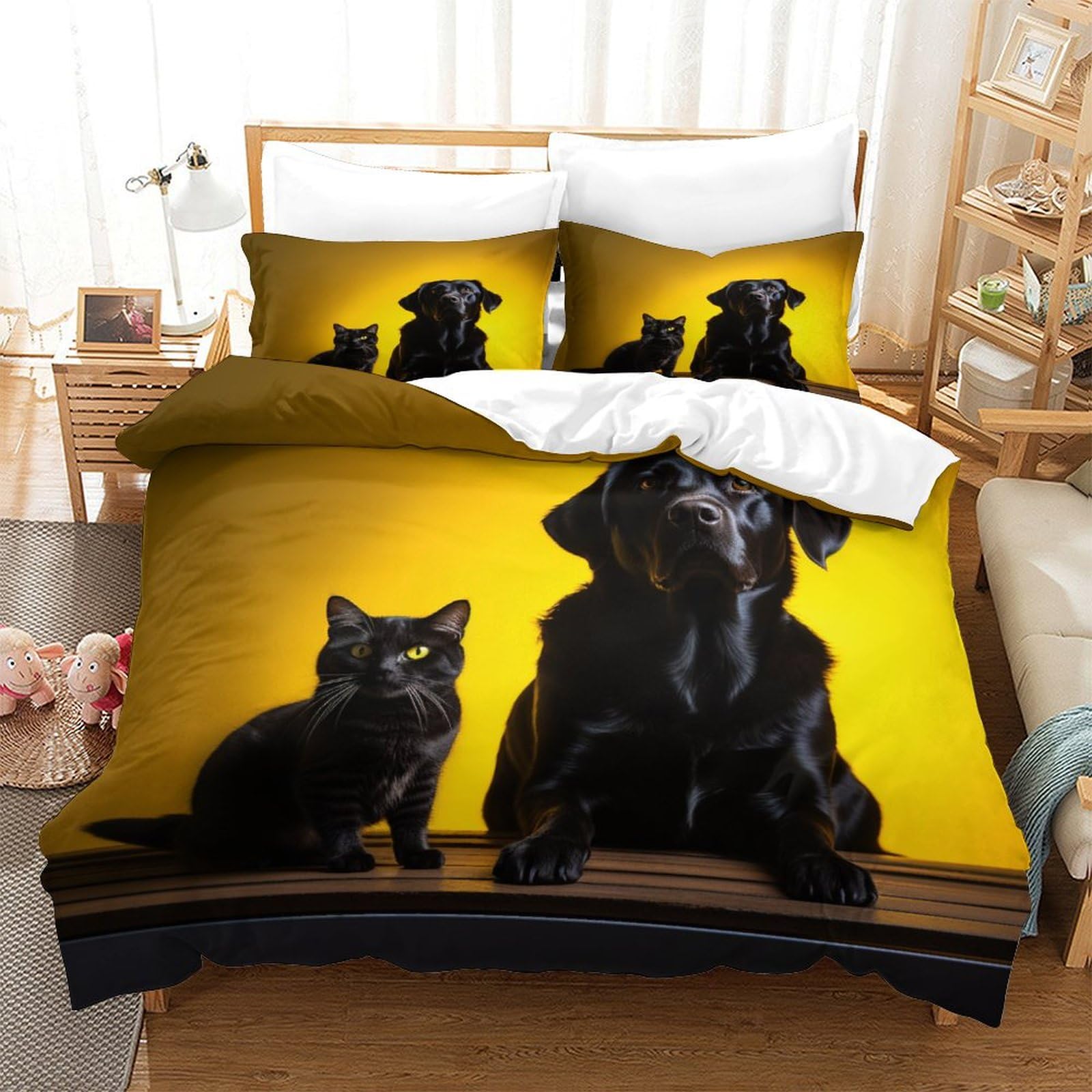 P1S9U7W5Y 3D Printed Black Cat Dog Duvet Cover Set 3pcs Microfiber Pet Bedding Set Double