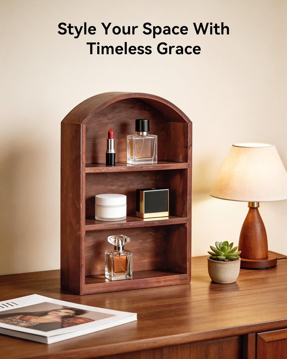 Arched Trinket Shelf, 9" x 13.5" Wooden Display Shelf for Wall or Desk, Vintage Shadow Box with Shelves for Collectibles, Mini Figures, Perfumes & Crystals - Rustic Brown