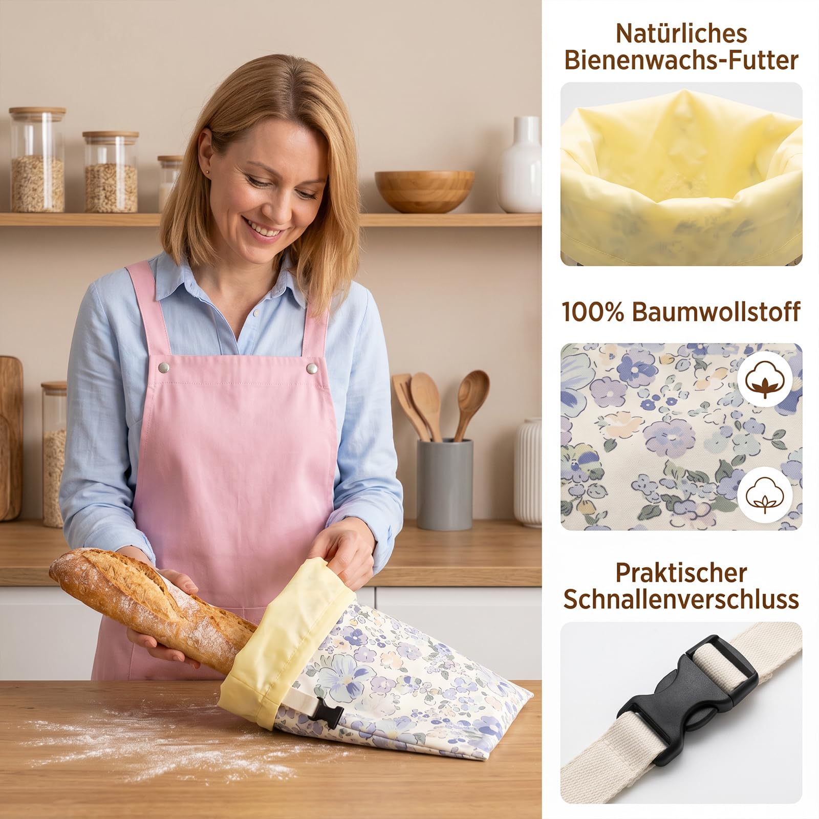 Bienenwachs Brotbeutel 2er-Pack – abnehmbare Brottaschen aus reiner Baumwolle mit Bienenwachsbeschichtung, wiederverwendbar, für Baguette, Bagel, Sauerteigbrot, Picknick, Küche, blaue Blumenmuster