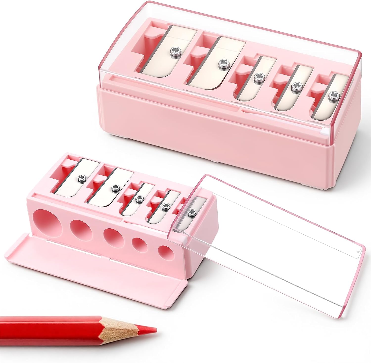 JJUNW 2 Pcs Eye Pencil Sharpener for Women, 5 Hole Cosmetic Long Point Pencil Sharpener, Makeup Pencils Sharpeners with Plastic Lid for Eyeliner Eyebrow Lip Liner Pencils(Pink)