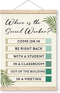 Yxadu School Social Worker Office Door Sign, Therapy Room Decorations, Canvas Poster Wood Hanger, Farmhouse Psychology Hanging Poster, School Counseling Room Decor, Where is the Social Worker Poster