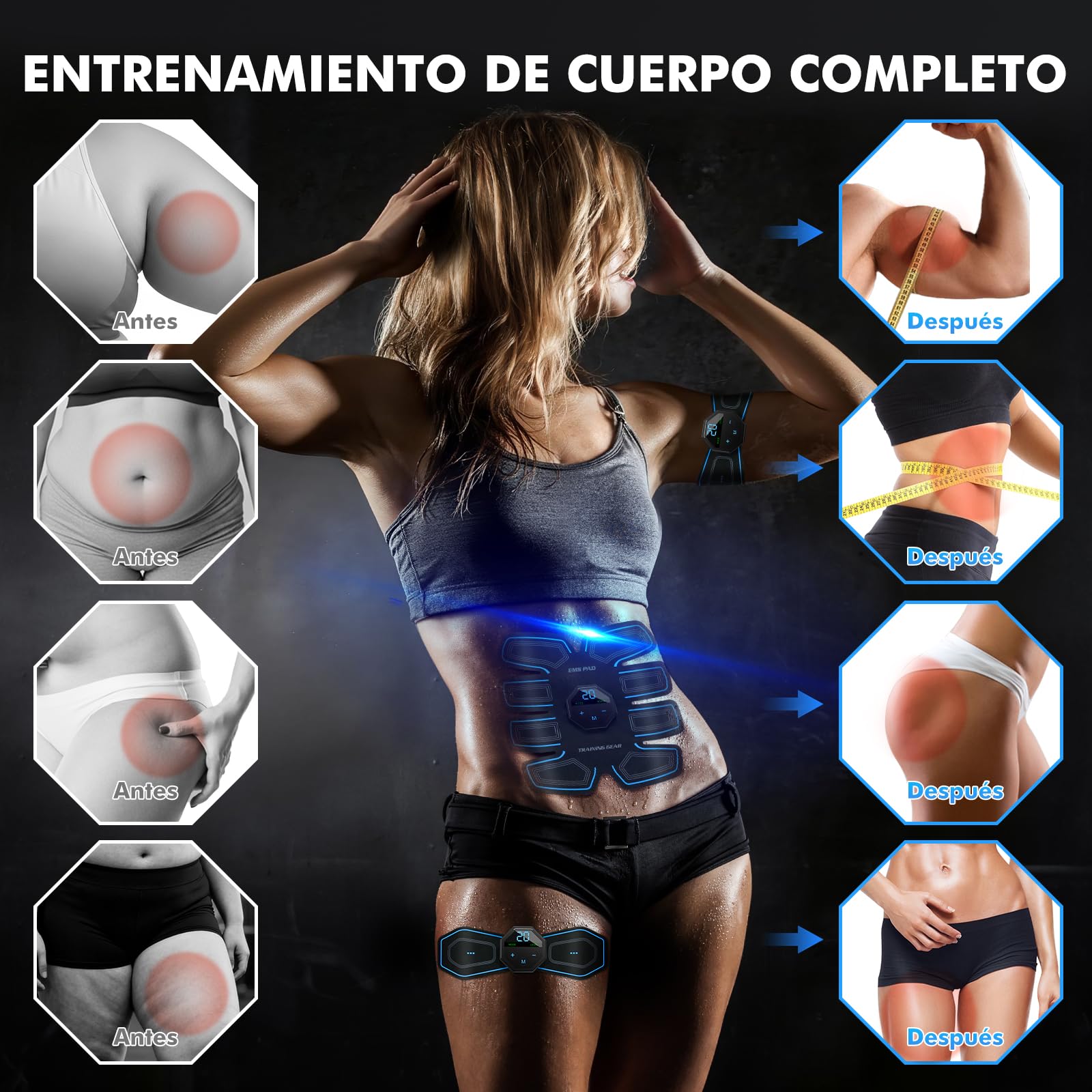 Electroestimulador Muscular, EMS Estimulador Muscular, 10 Modos y 20 Intensidades, Eletroestimulação Muscular Cuerpo Completo AB/Brazo/Pierna/Gluteos para Hombres y Mujeres